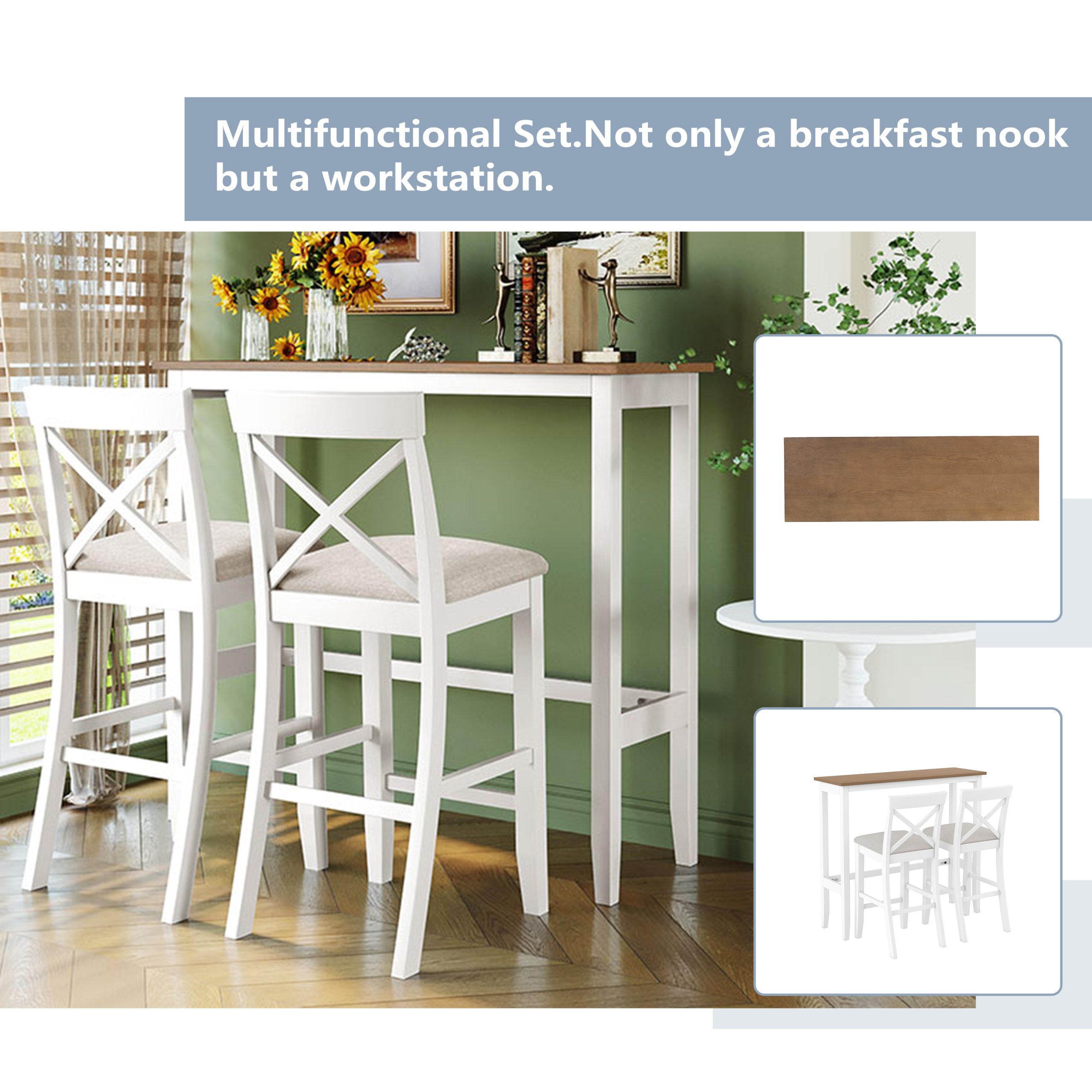 TOPMAX Farmhouse 48"Rectangular Wood Bar Height Dining Set Kitchen Breakfast Nook with 2 Chairs for Small Places,Brown+White+Beige - Image 5