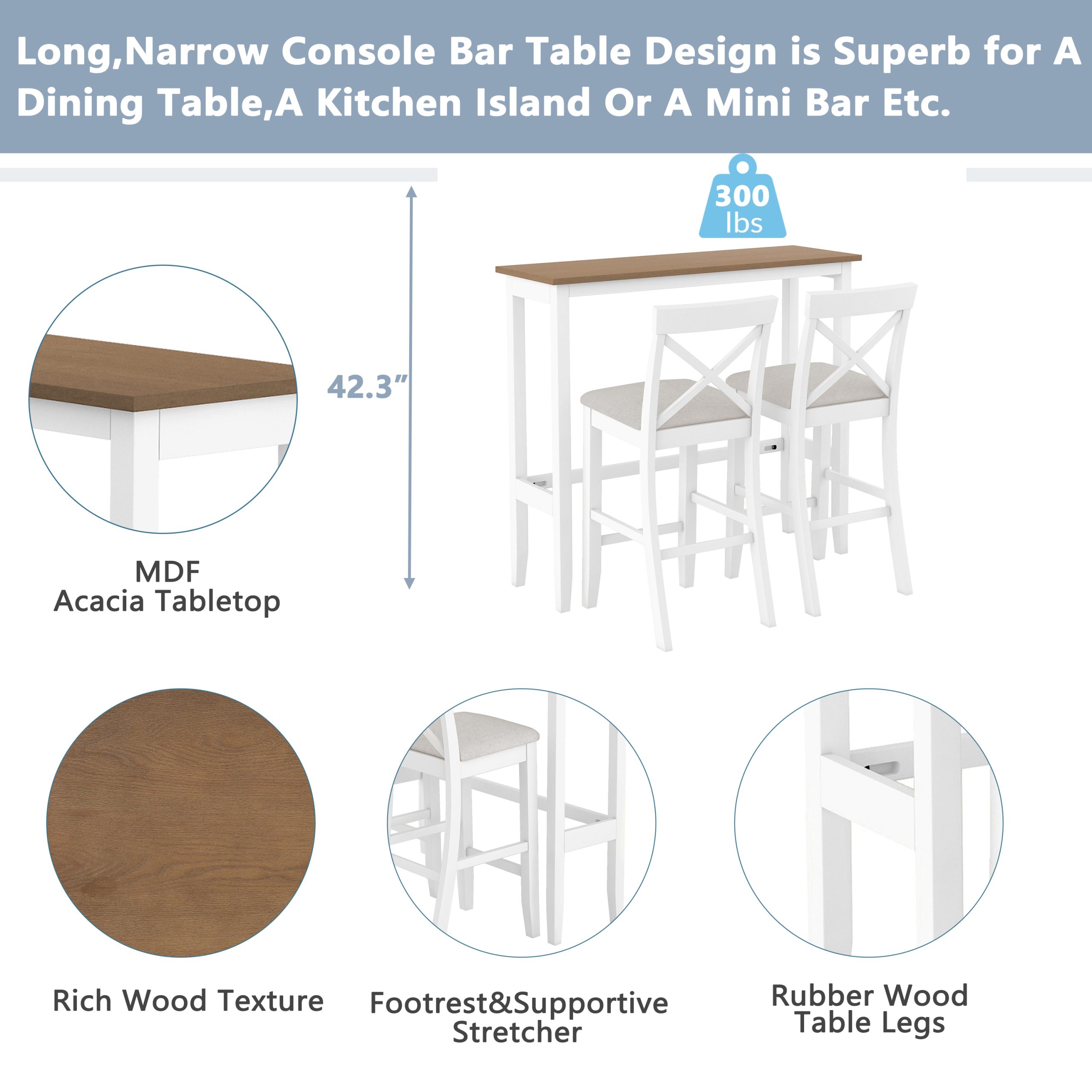 TOPMAX Farmhouse 48"Rectangular Wood Bar Height Dining Set Kitchen Breakfast Nook with 2 Chairs for Small Places,Brown+White+Beige - Image 6