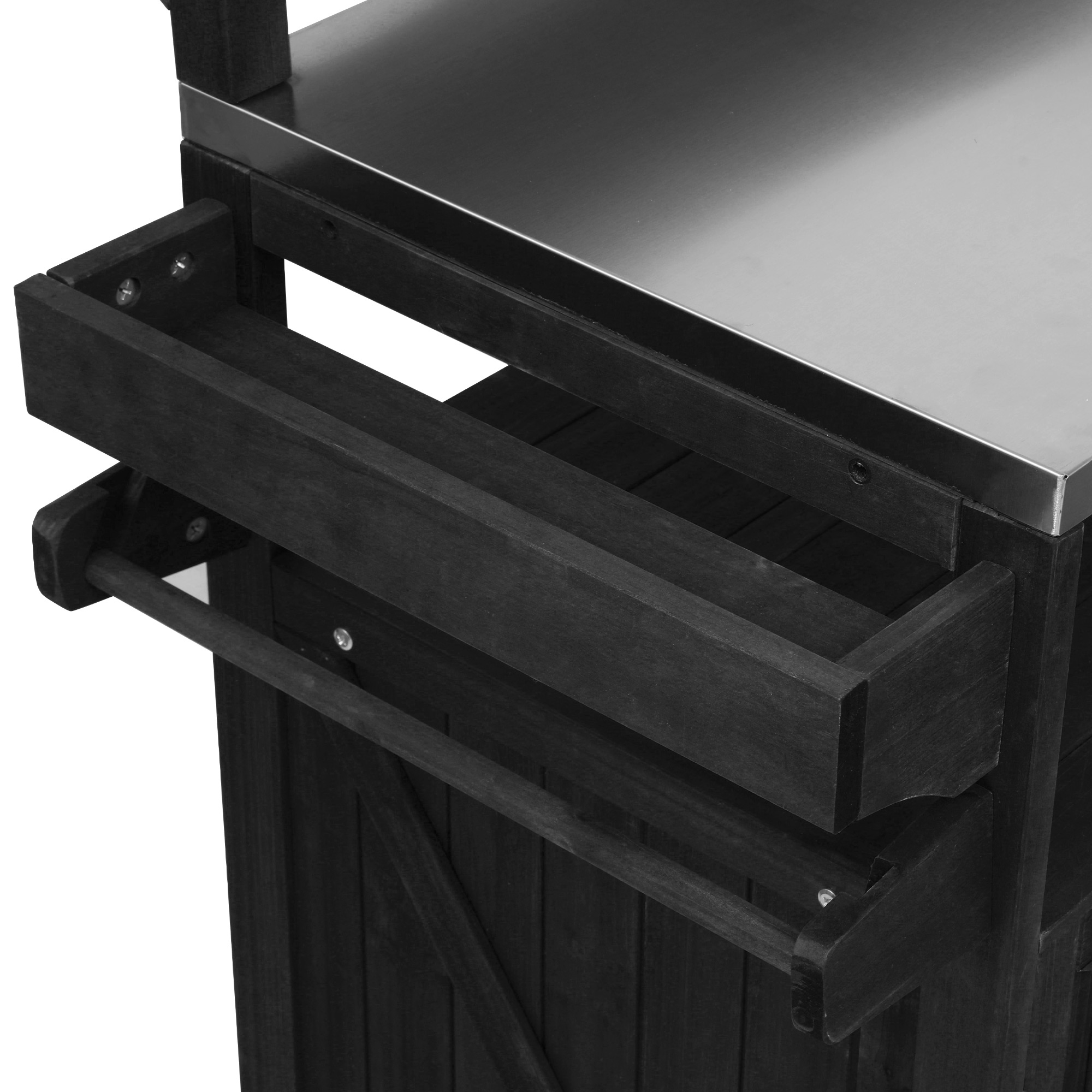 K&K 53.3" Outdoor Kitchen Island with Raised Shelf, Solid Wood Storage Cabinet with Stainless Steel Top, Outdoor Rolling Grill Cart with Internal Storage Rack, Adjustable Shelf, Spice Rack, Black - Image 5