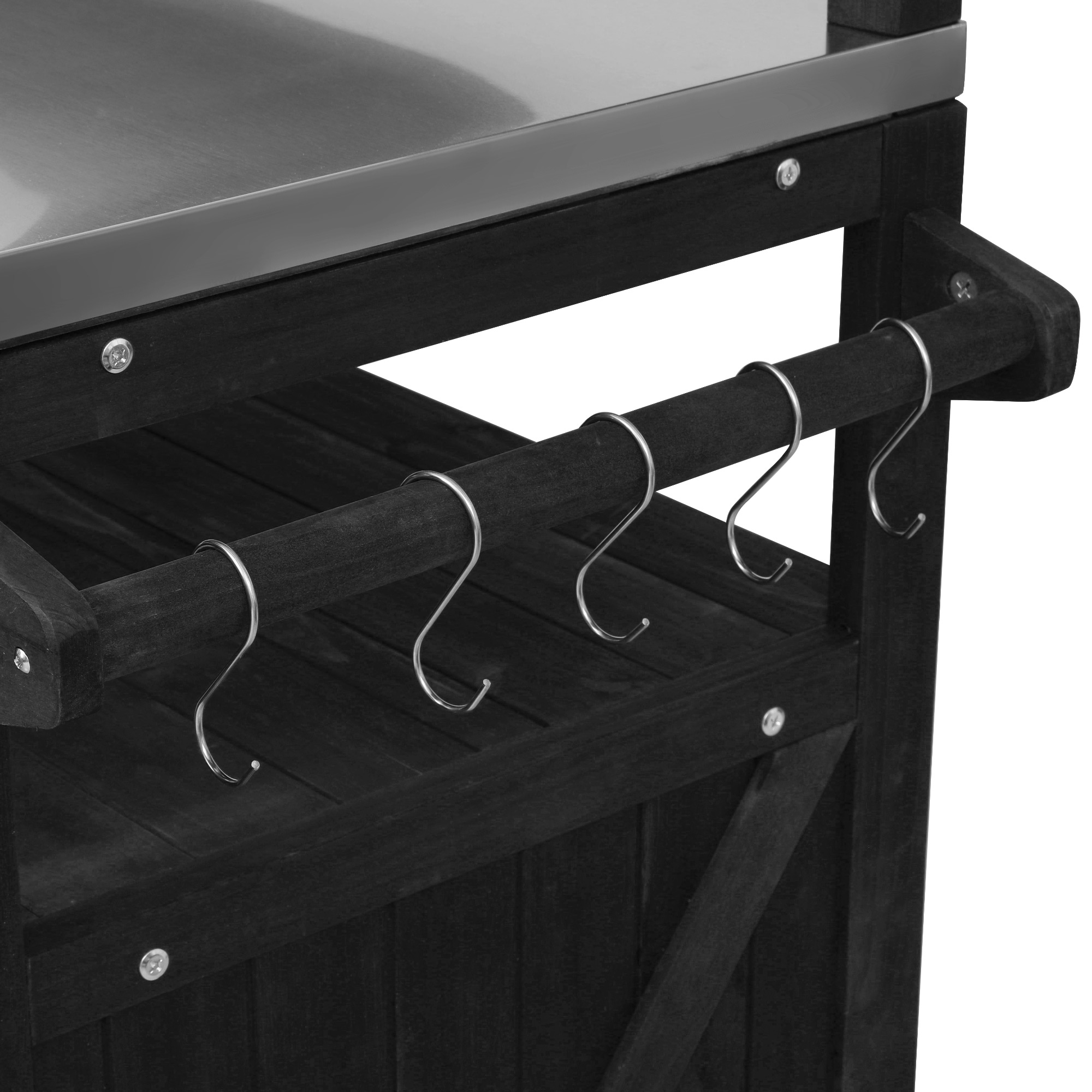 K&K 53.3" Outdoor Kitchen Island with Raised Shelf, Solid Wood Storage Cabinet with Stainless Steel Top, Outdoor Rolling Grill Cart with Internal Storage Rack, Adjustable Shelf, Spice Rack, Black - Image 6