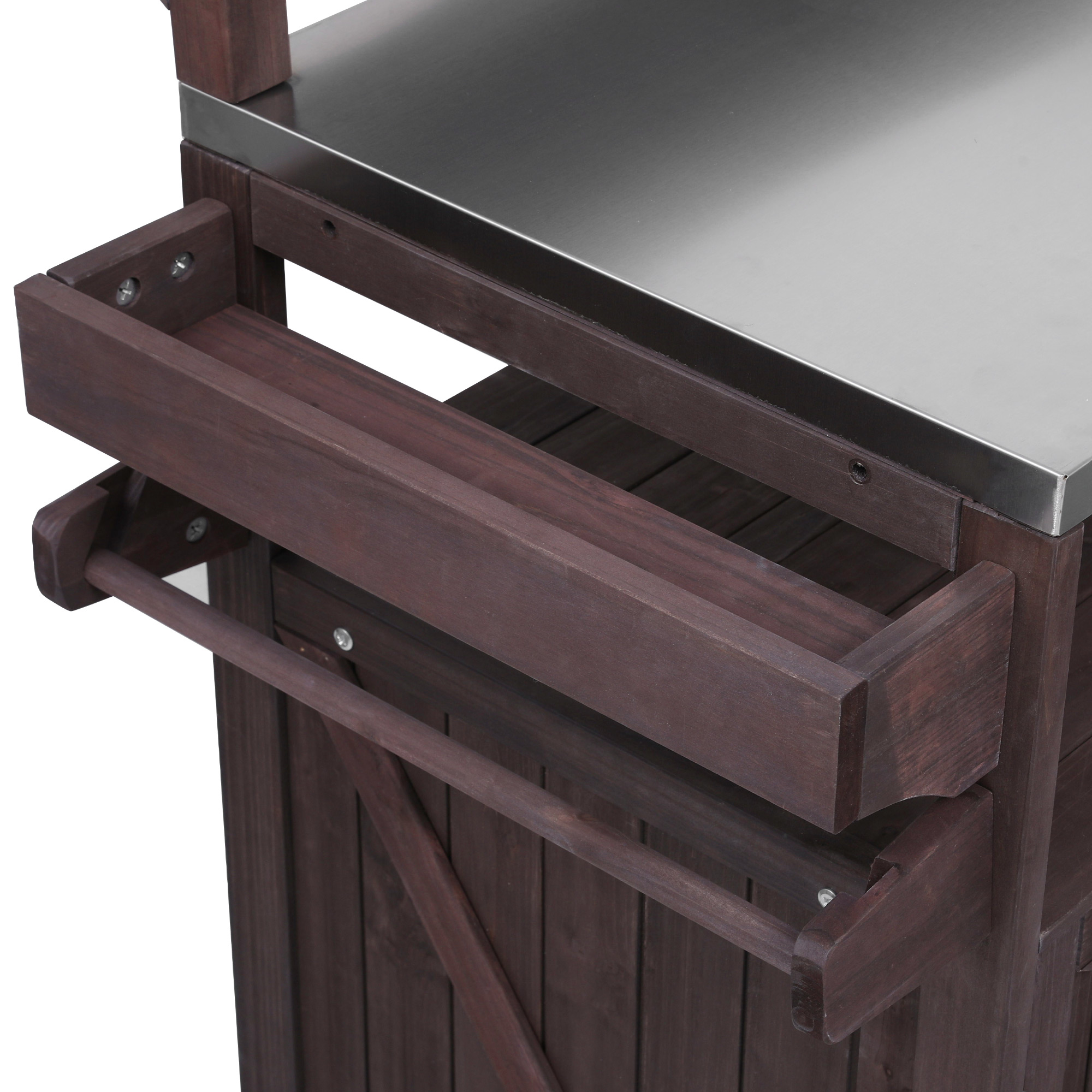 K&K 53.3" Outdoor Kitchen Island with Raised Shelf, Solid Wood Storage Cabinet with Stainless Steel Top, Outdoor Rolling Grill Cart with Internal Storage Rack, Adjustable Shelf, Spice Rack, Brown - Image 4