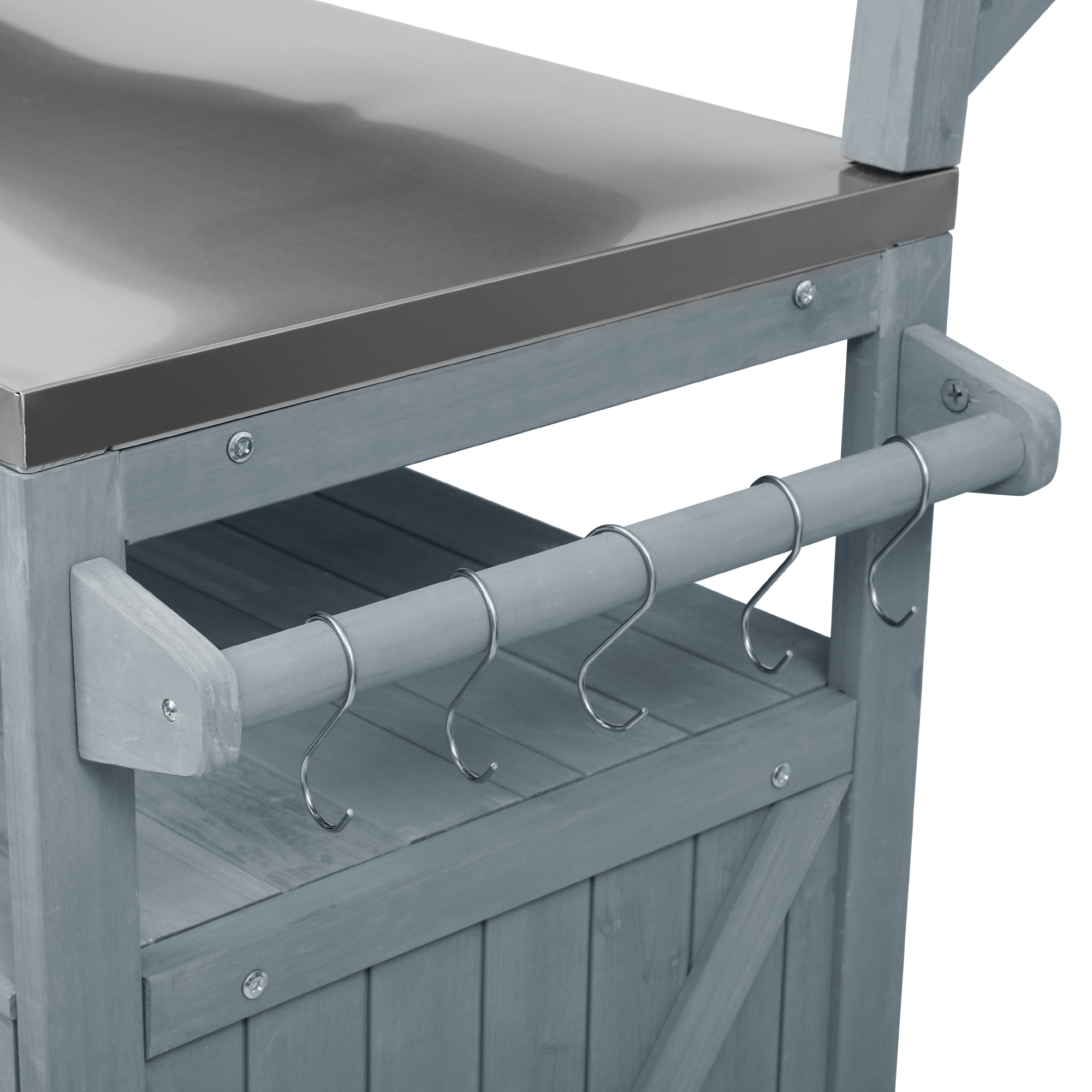 K&K 53.3" Outdoor Kitchen Island with Raised Shelf, Solid Wood Storage Cabinet with Stainless Steel Top, Outdoor Rolling Grill Cart with Internal Storage Rack, Adjustable Shelf, Spice Rack, Grey Blue - Image 2