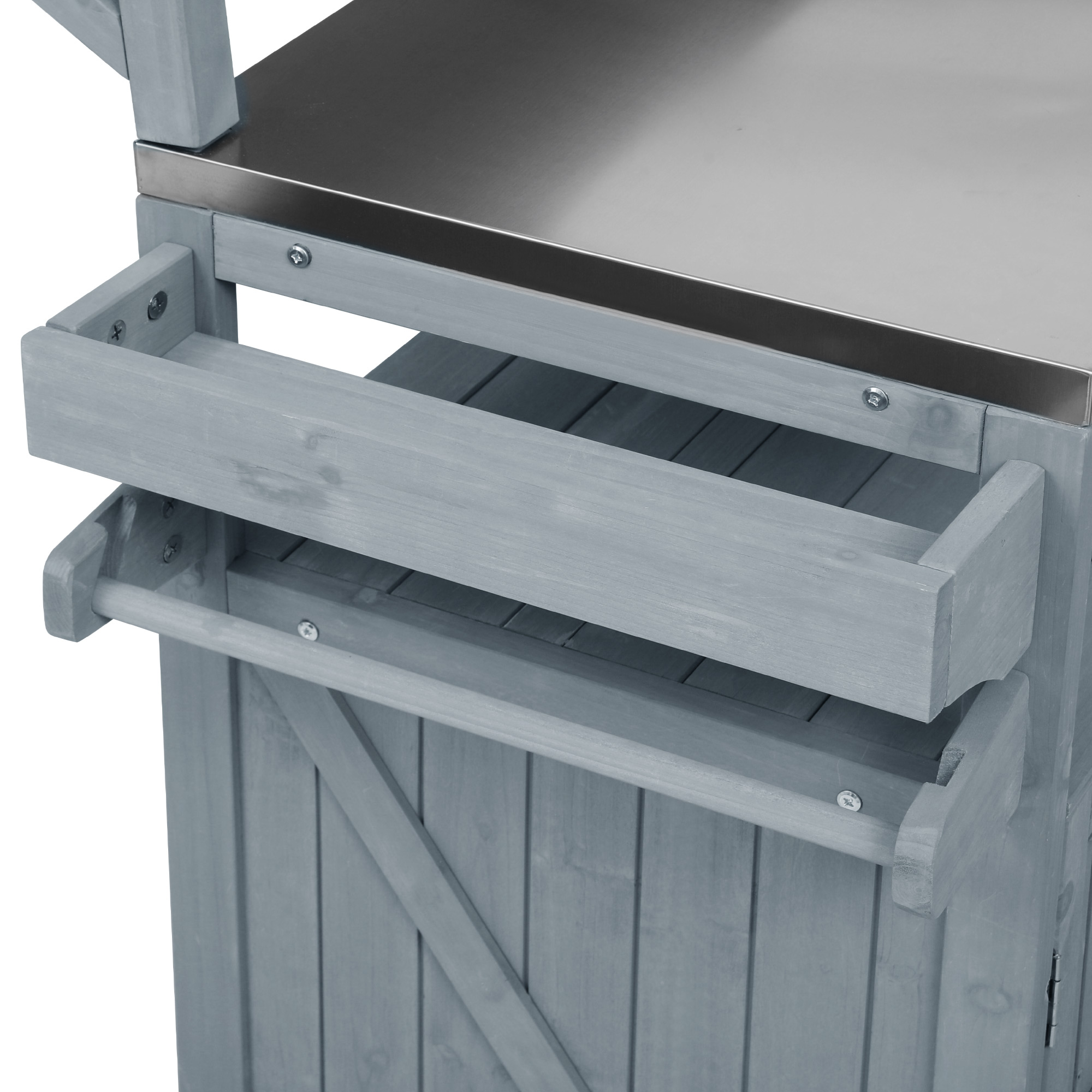 K&K 53.3" Outdoor Kitchen Island with Raised Shelf, Solid Wood Storage Cabinet with Stainless Steel Top, Outdoor Rolling Grill Cart with Internal Storage Rack, Adjustable Shelf, Spice Rack, Grey Blue - Image 5