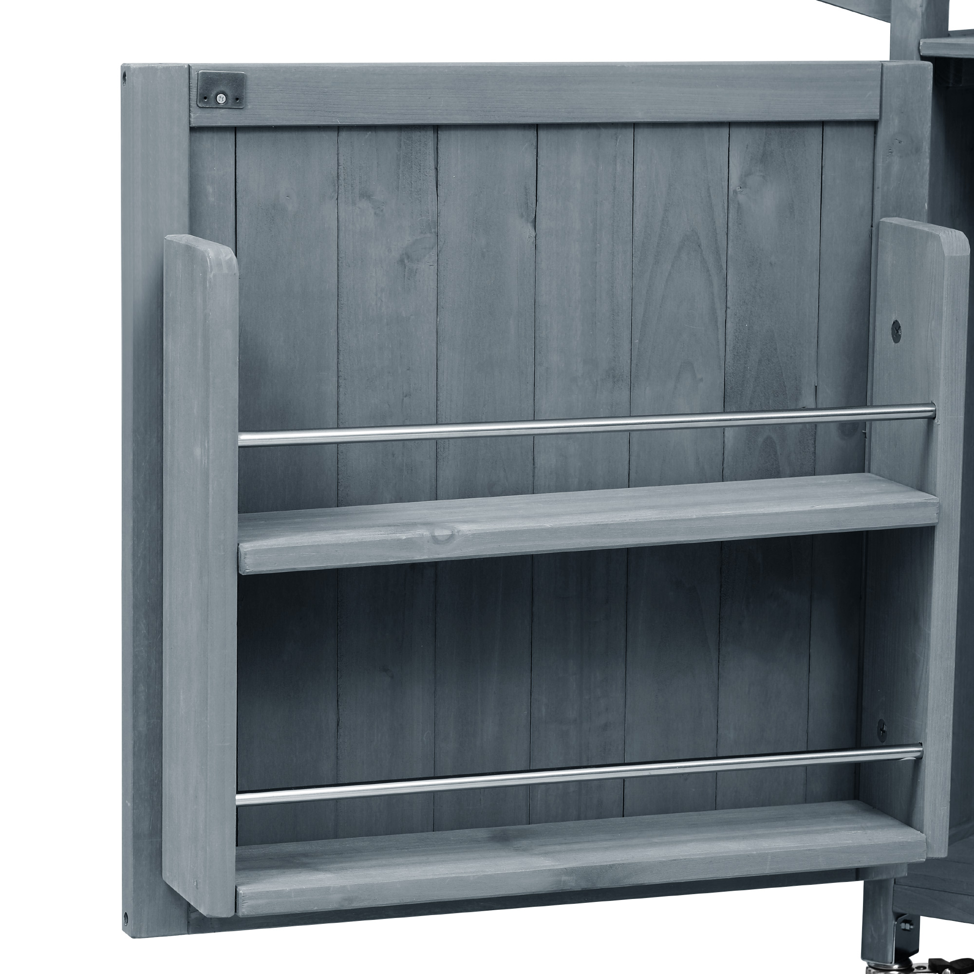 K&K 53.3" Outdoor Kitchen Island with Raised Shelf, Solid Wood Storage Cabinet with Stainless Steel Top, Outdoor Rolling Grill Cart with Internal Storage Rack, Adjustable Shelf, Spice Rack, Grey Blue - Image 4