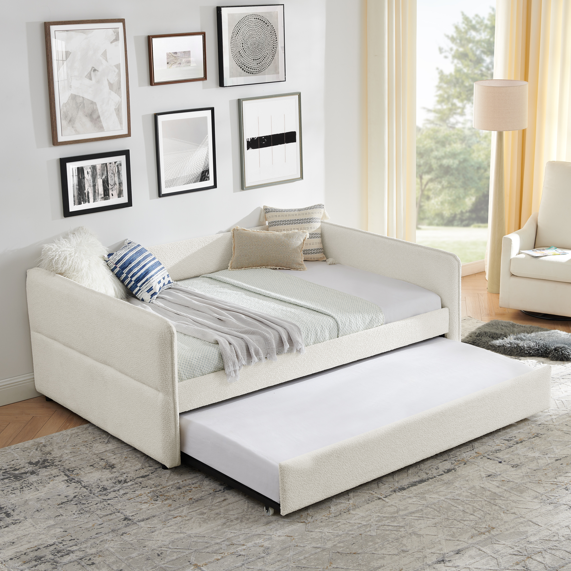 Daybed with Trundle Upholstered Tufted Sofa Bed, Full Size, Boucle Fabric, Beige(83"x58.5"x29.5") - Image 2