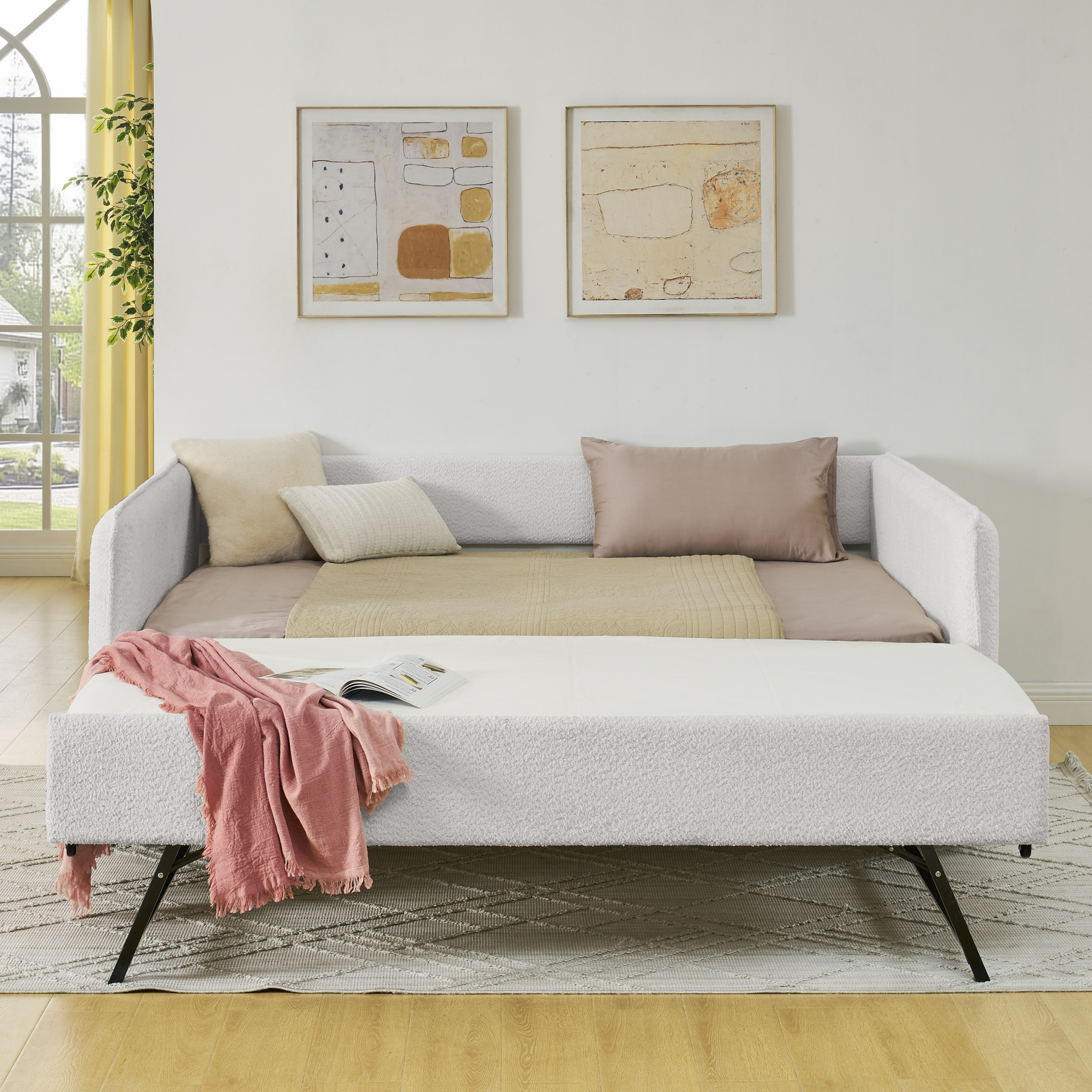Daybed with Trundle Upholstered Tufted Sofa Bed, Full Size, Boucle Fabric, Beige(83"x58.5"x29.5") - Image 3