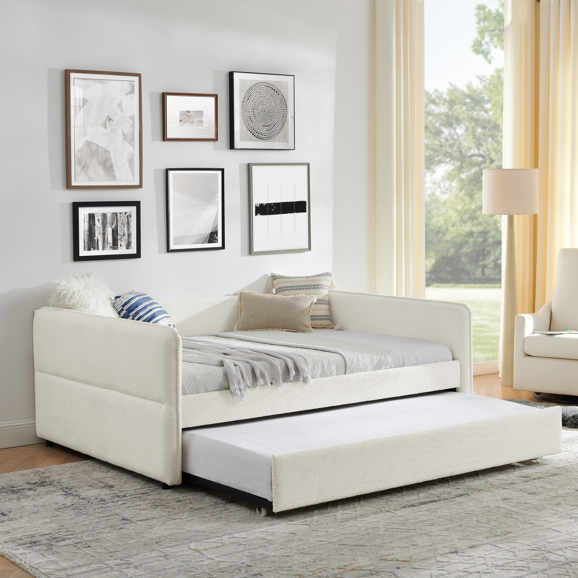 Daybed with Trundle Upholstered Tufted Sofa Bed, Full Size, Boucle Fabric, Beige(83"x58.5"x29.5") - Image 5