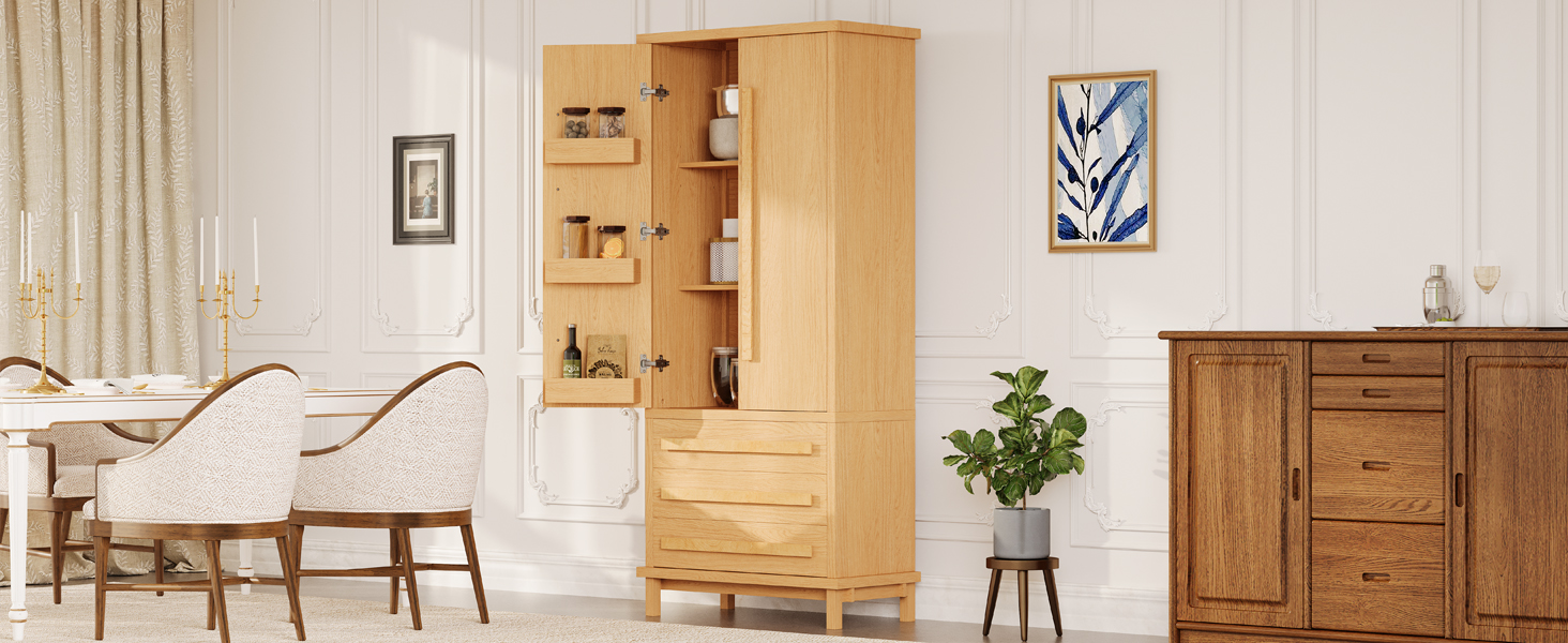 70" Kitchen Pantry Cabinet with 2 Cabinet Shelves,Luxurious Wooden Cupboard with 6 Door Shelves and 3 Drawers for Kitchen, Dining Room,Natural - Image 2