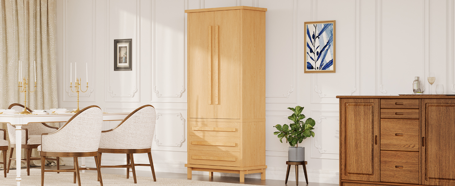 70" Kitchen Pantry Cabinet with 2 Cabinet Shelves,Luxurious Wooden Cupboard with 6 Door Shelves and 3 Drawers for Kitchen, Dining Room,Natural - Image 3