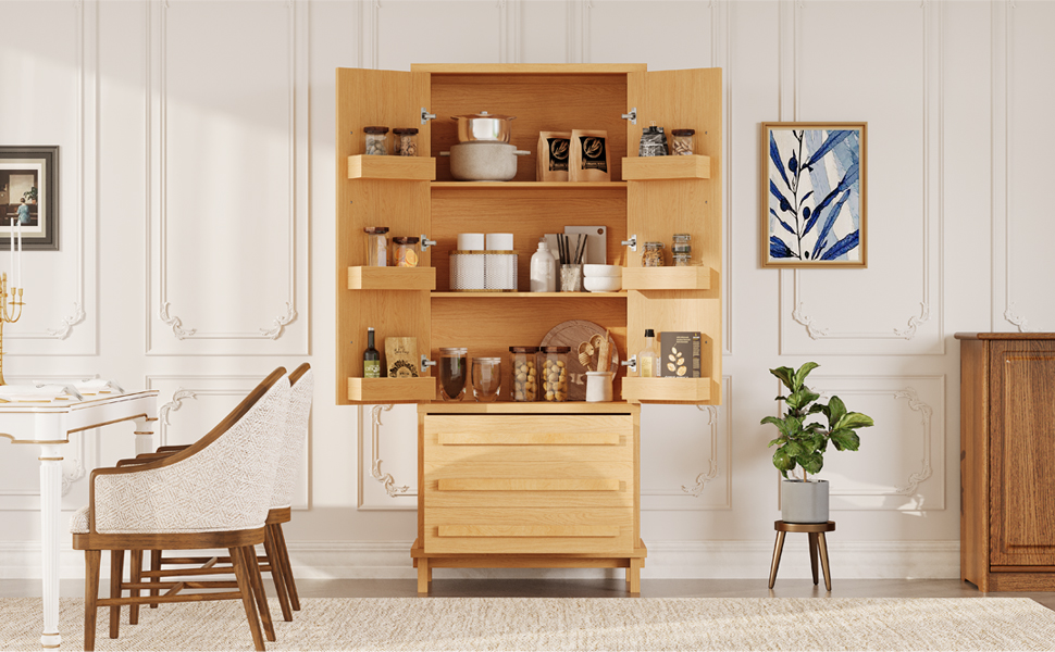 70" Kitchen Pantry Cabinet with 2 Cabinet Shelves,Luxurious Wooden Cupboard with 6 Door Shelves and 3 Drawers for Kitchen, Dining Room,Natural - Image 4