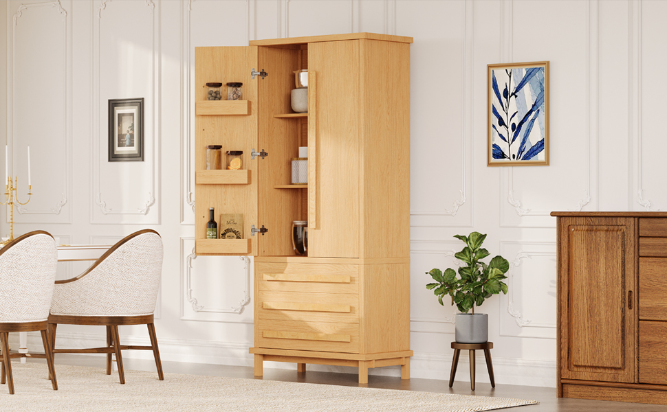70" Kitchen Pantry Cabinet with 2 Cabinet Shelves,Luxurious Wooden Cupboard with 6 Door Shelves and 3 Drawers for Kitchen, Dining Room,Natural - Image 5