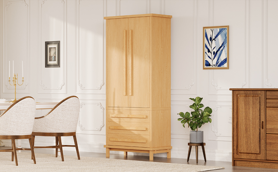 70" Kitchen Pantry Cabinet with 2 Cabinet Shelves,Luxurious Wooden Cupboard with 6 Door Shelves and 3 Drawers for Kitchen, Dining Room,Natural - Image 6