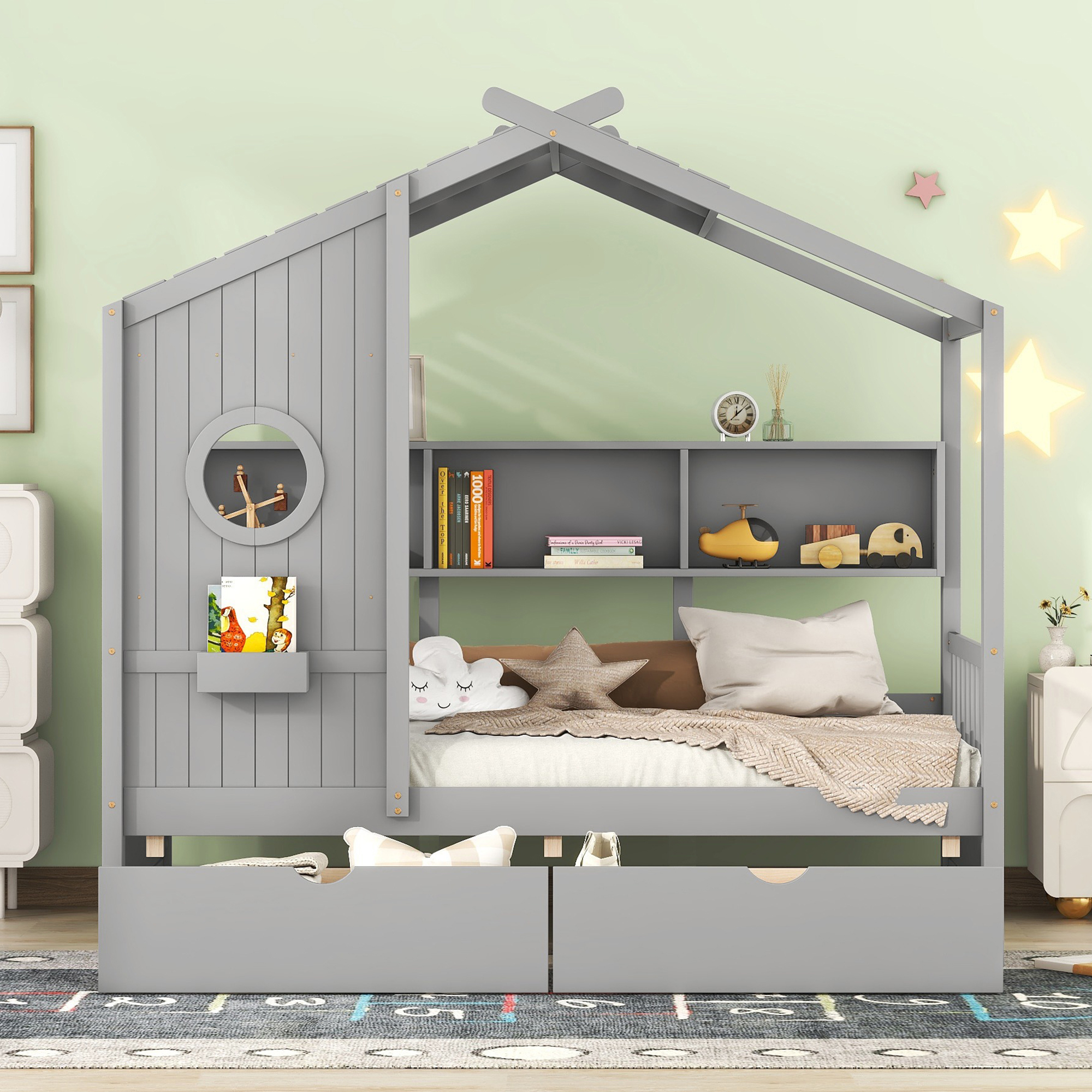 Wooden Twin Size House Bed with 2 Drawers,Kids Bed with Storage Shelf, Gray(Old SKU: HL000051AAE) - Image 2