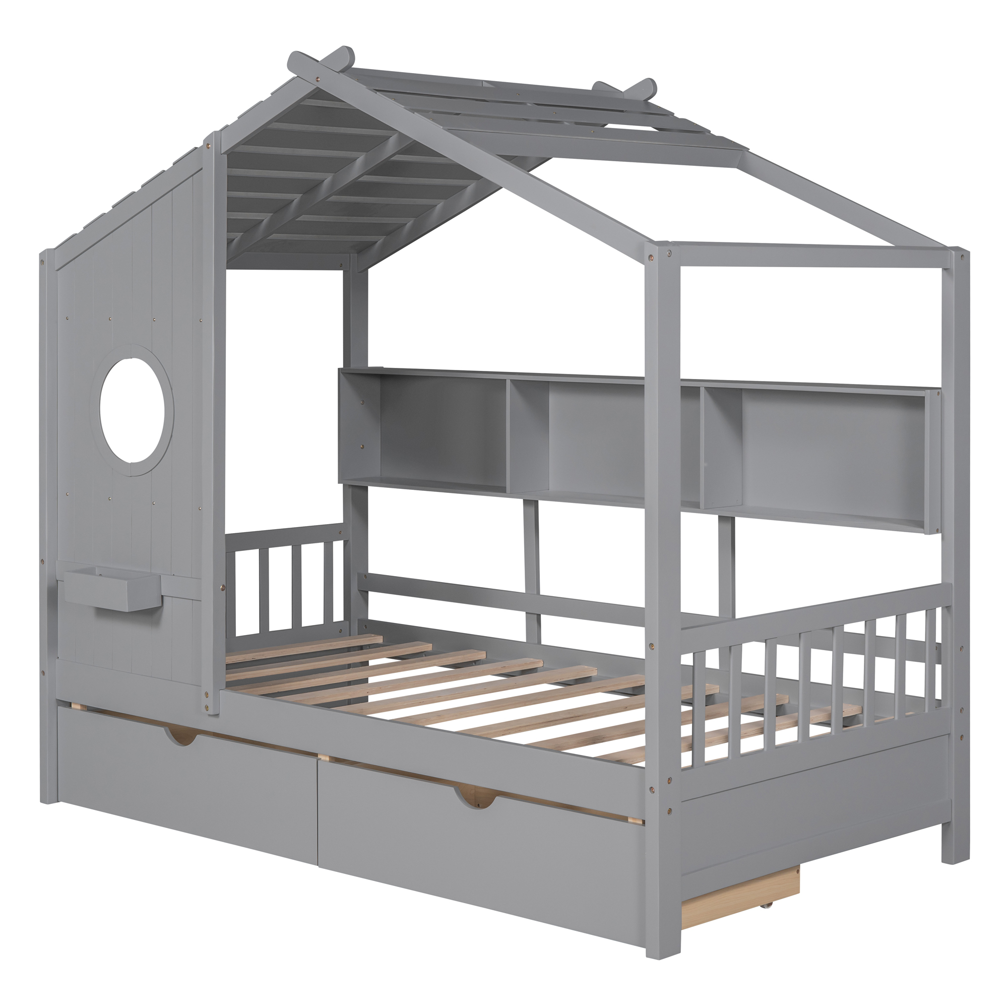Wooden Twin Size House Bed with 2 Drawers,Kids Bed with Storage Shelf, Gray(Old SKU: HL000051AAE) - Image 4