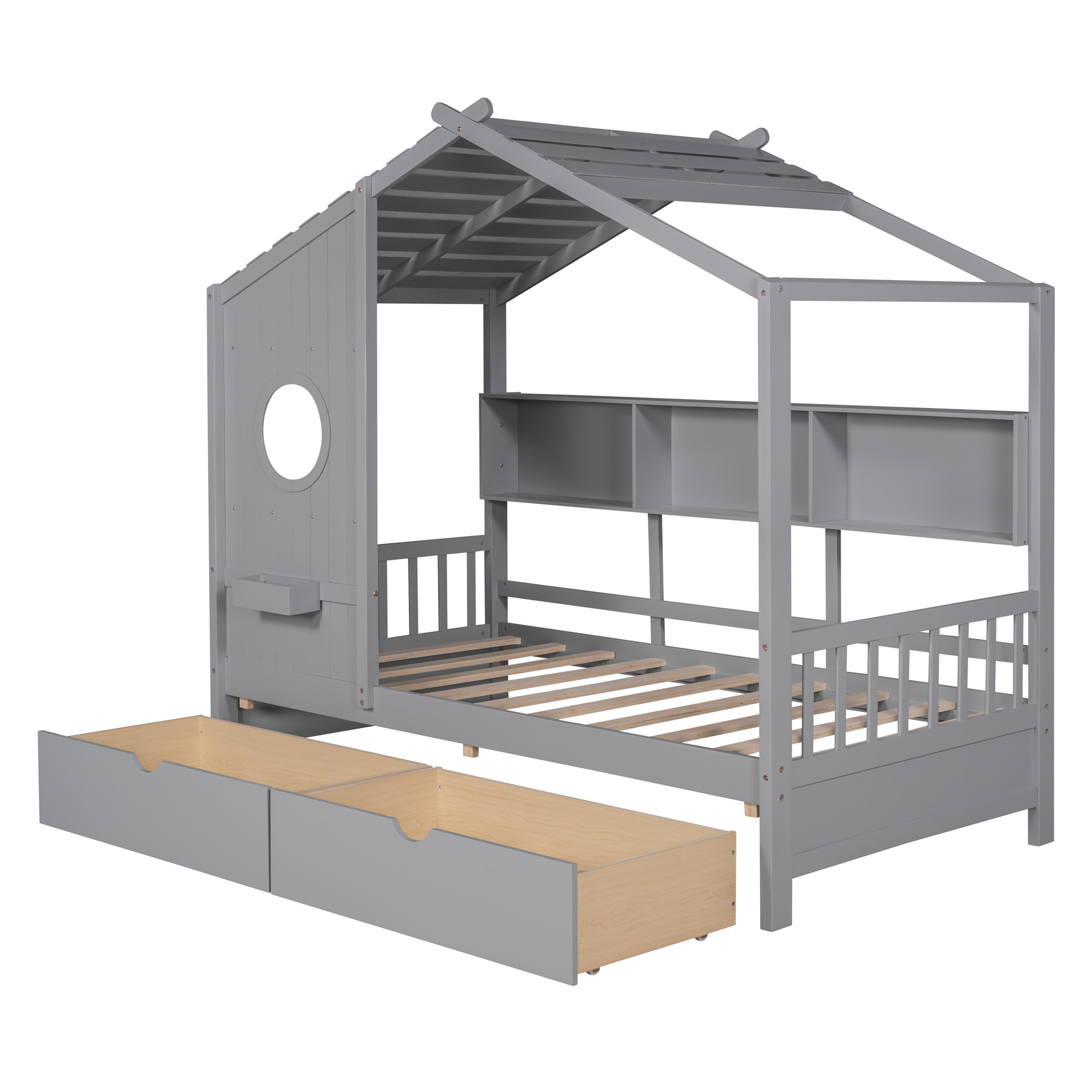 Wooden Twin Size House Bed with 2 Drawers,Kids Bed with Storage Shelf, Gray(Old SKU: HL000051AAE) - Image 5