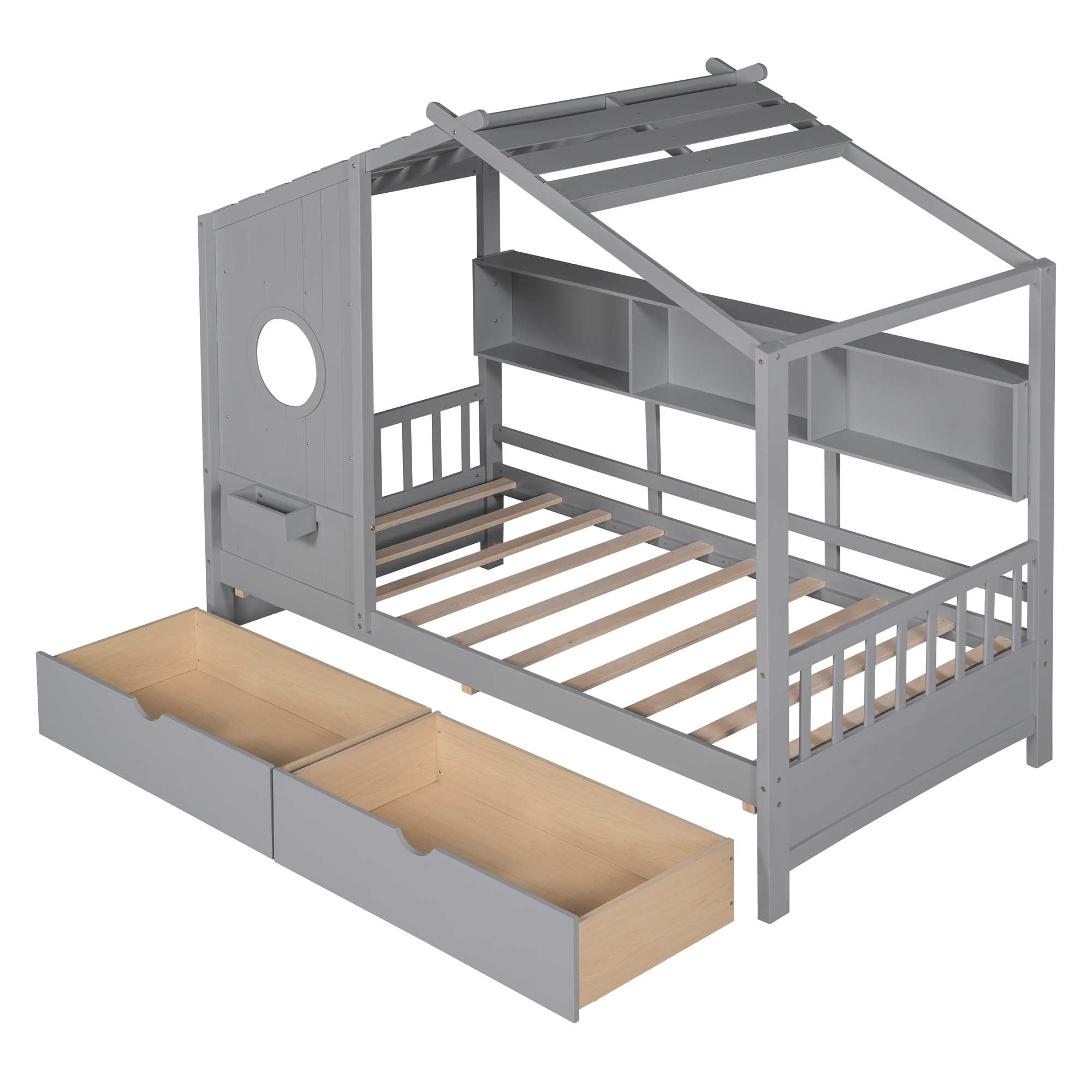 Wooden Twin Size House Bed with 2 Drawers,Kids Bed with Storage Shelf, Gray(Old SKU: HL000051AAE) - Image 6