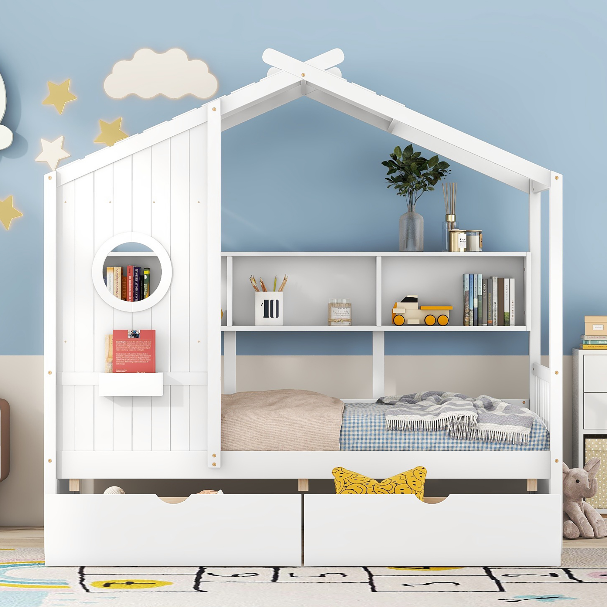 Wooden Twin Size House Bed with 2 Drawers,Kids Bed with Storage Shelf, White(Old SKU: HL000051AAK) - Image 2