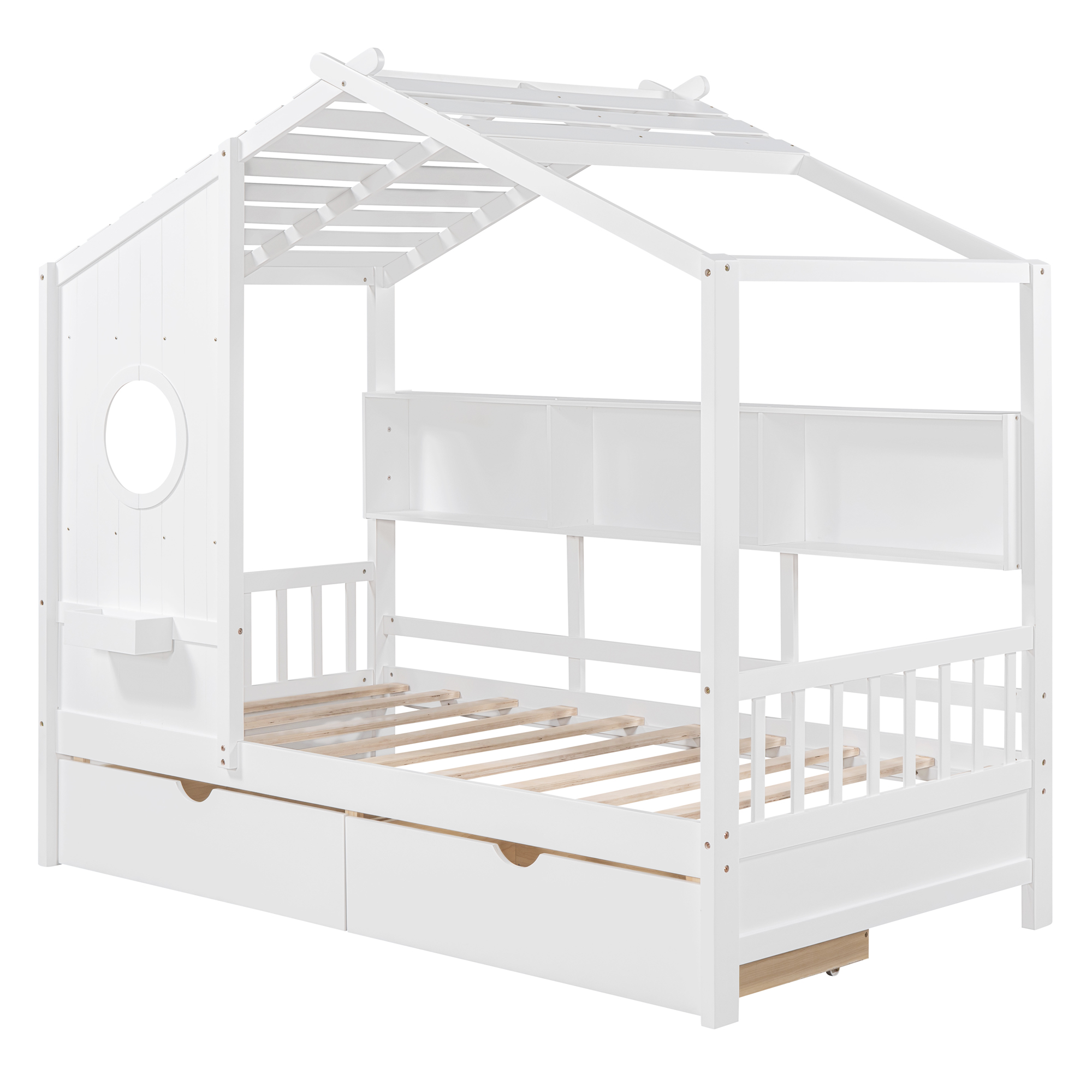 Wooden Twin Size House Bed with 2 Drawers,Kids Bed with Storage Shelf, White(Old SKU: HL000051AAK) - Image 4