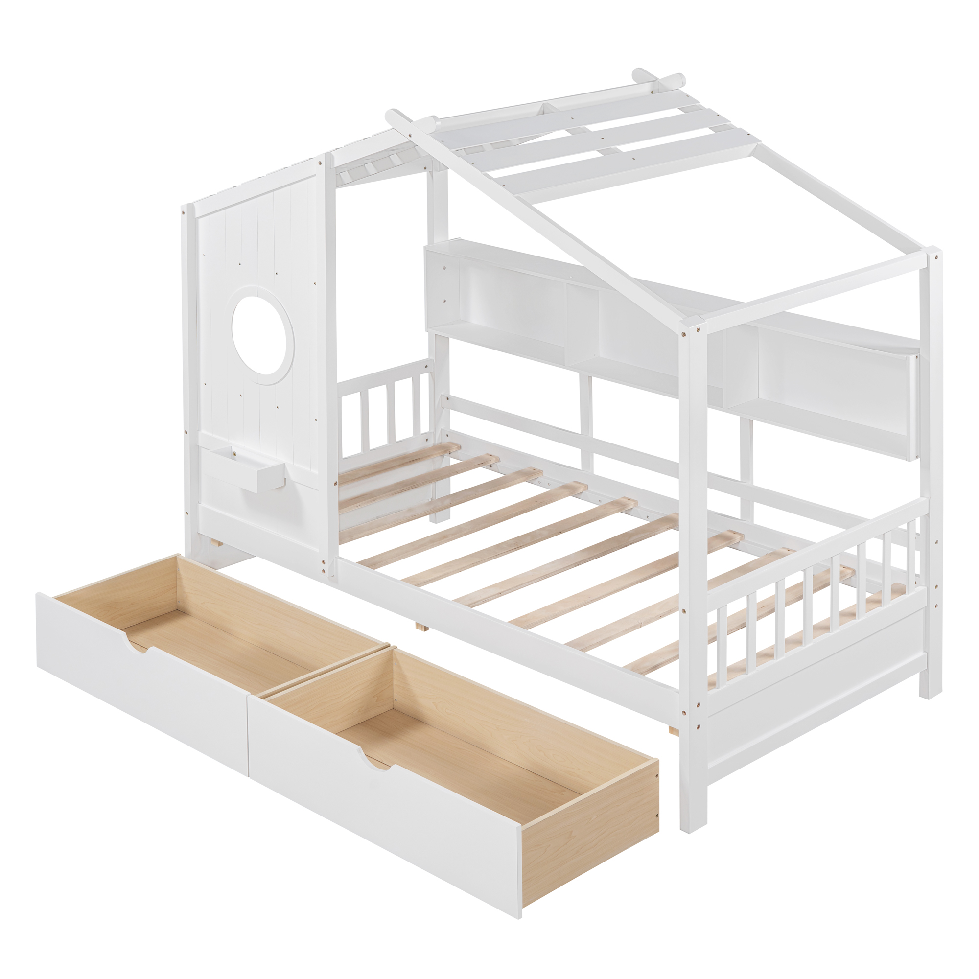 Wooden Twin Size House Bed with 2 Drawers,Kids Bed with Storage Shelf, White(Old SKU: HL000051AAK) - Image 5