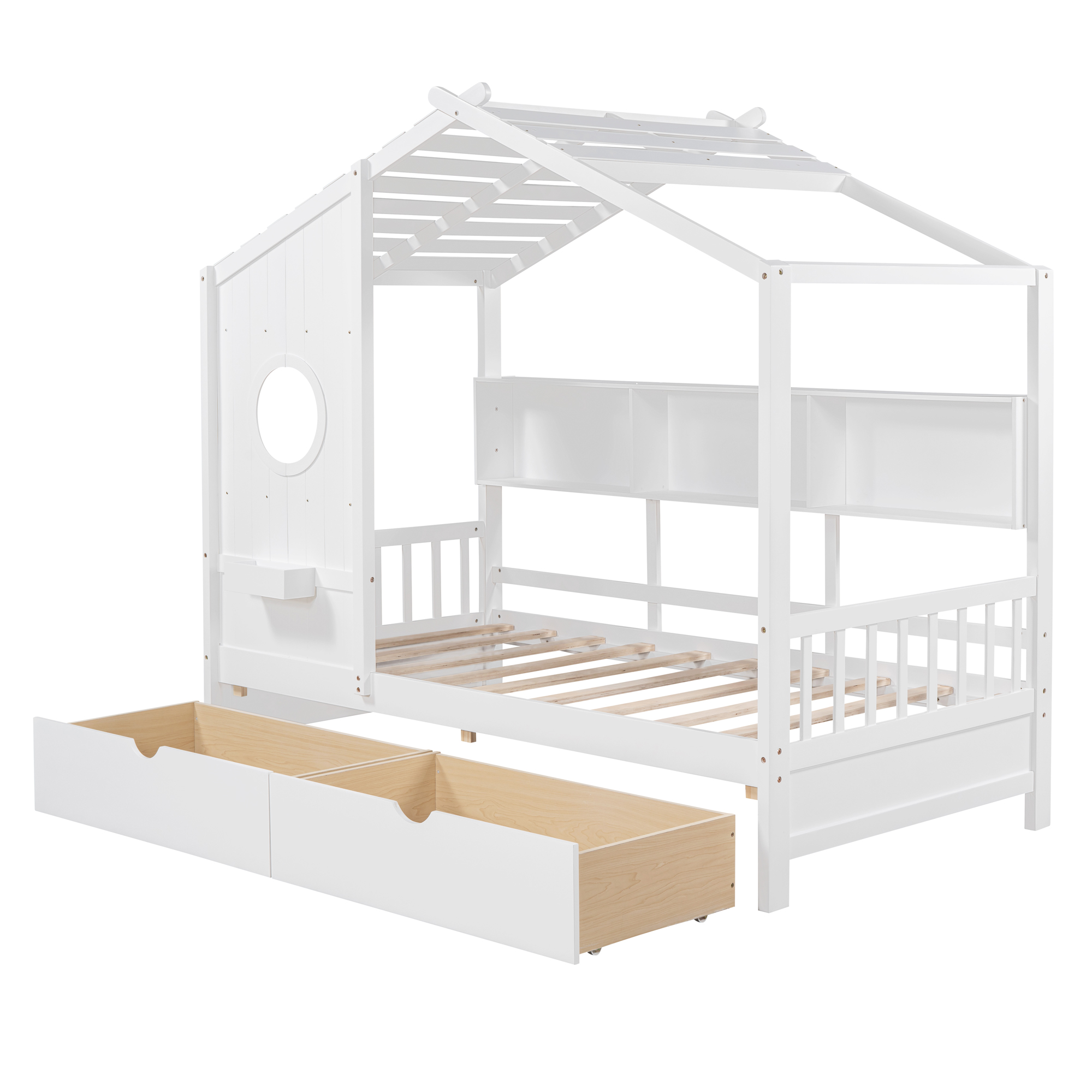 Wooden Twin Size House Bed with 2 Drawers,Kids Bed with Storage Shelf, White(Old SKU: HL000051AAK) - Image 6