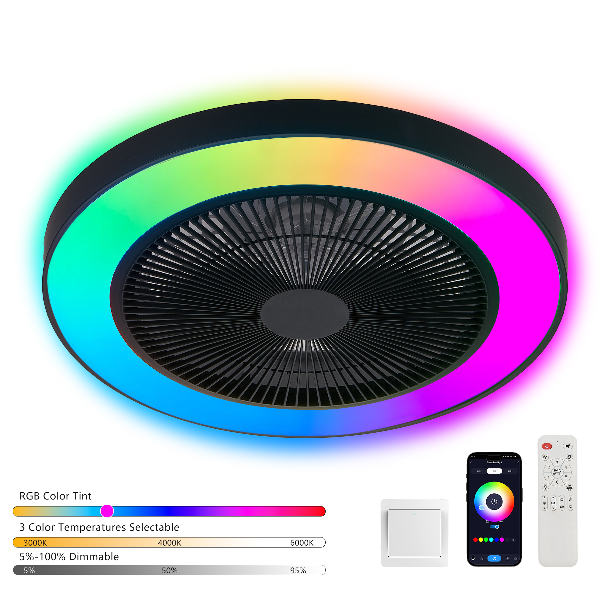 19-inch Black Ceiling Fan Light with LED RGB – Dimmable & Color-Changing, APP & Remote Control, Modern Smart Ceiling Fan for Living Room, Bedroom, and Dining Room (Silent/6-Speed/Reversible/DC Motor) - Image 3