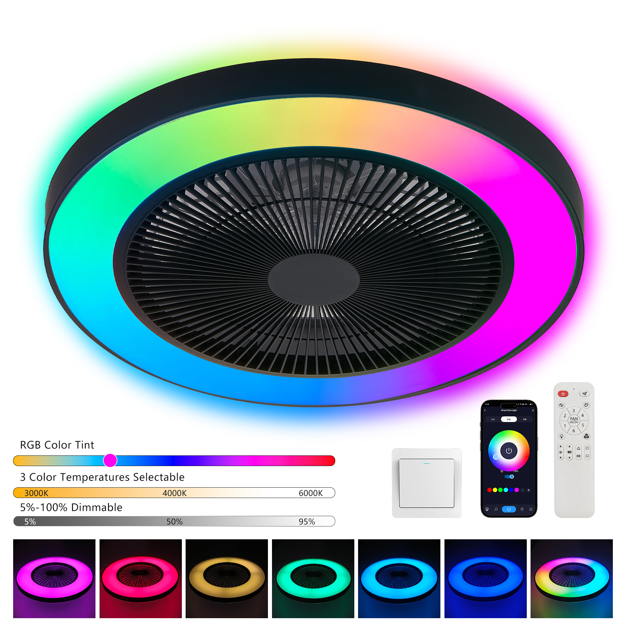 19-inch Black Ceiling Fan Light with LED RGB – Dimmable & Color-Changing, APP & Remote Control, Modern Smart Ceiling Fan for Living Room, Bedroom, and Dining Room (Silent/6-Speed/Reversible/DC Motor) - Image 4