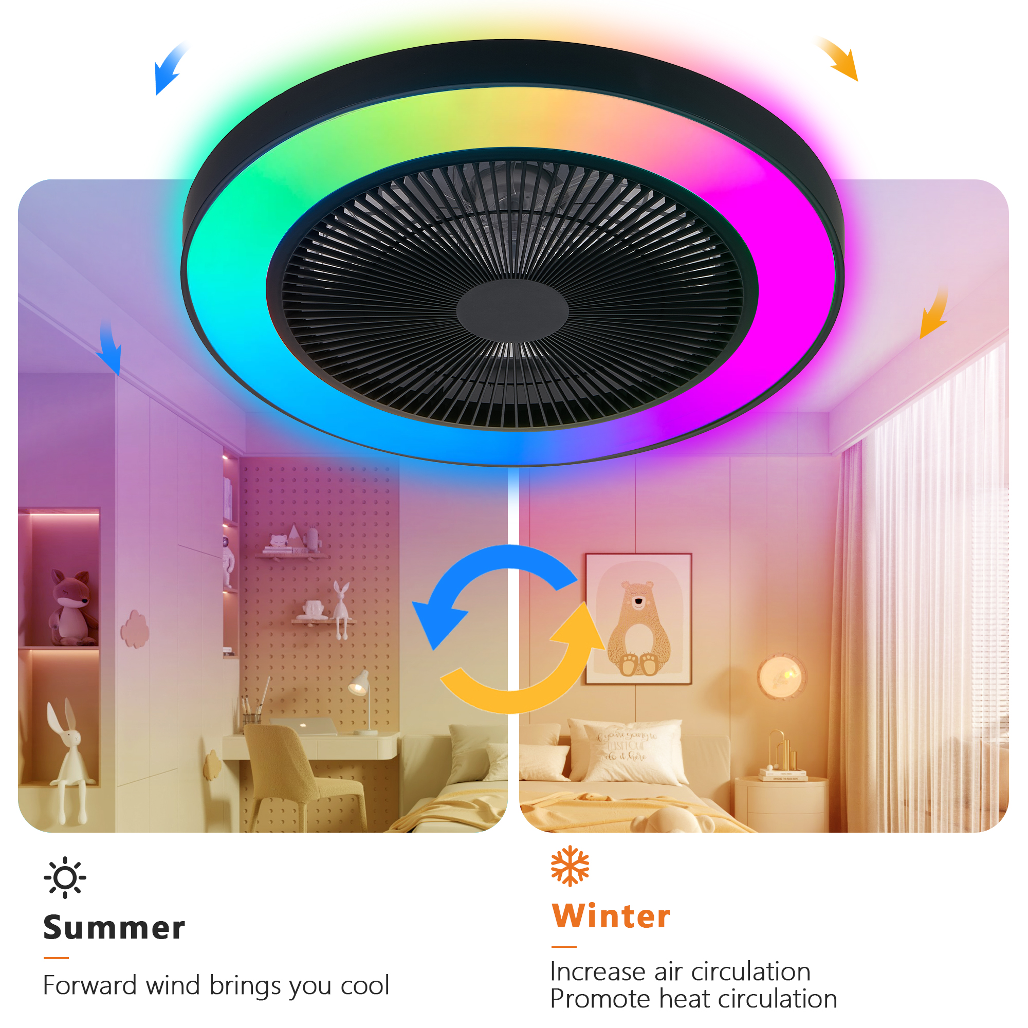 19-inch Black Ceiling Fan Light with LED RGB – Dimmable & Color-Changing, APP & Remote Control, Modern Smart Ceiling Fan for Living Room, Bedroom, and Dining Room (Silent/6-Speed/Reversible/DC Motor) - Image 5