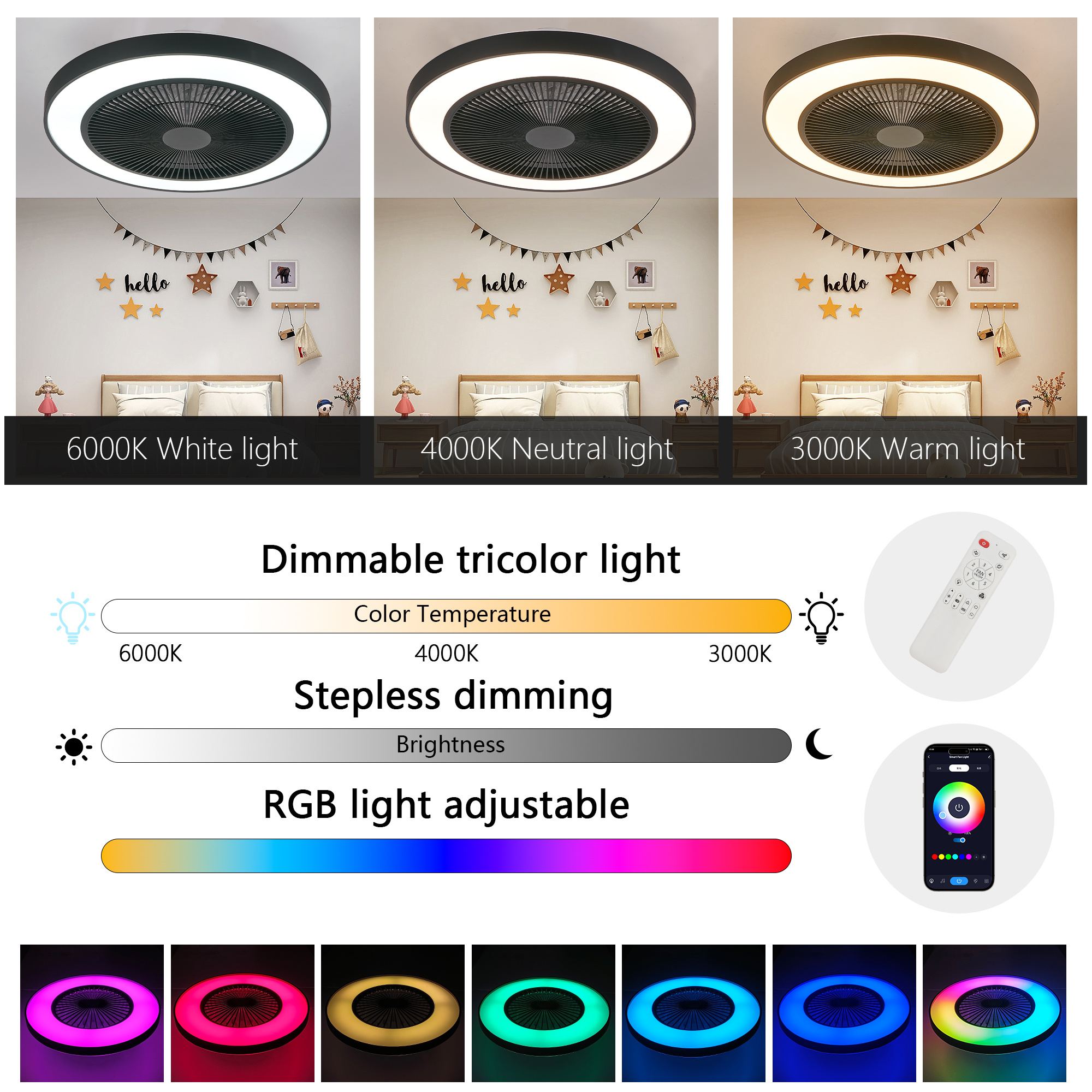 19-inch Black Ceiling Fan Light with LED RGB – Dimmable & Color-Changing, APP & Remote Control, Modern Smart Ceiling Fan for Living Room, Bedroom, and Dining Room (Silent/6-Speed/Reversible/DC Motor) - Image 6