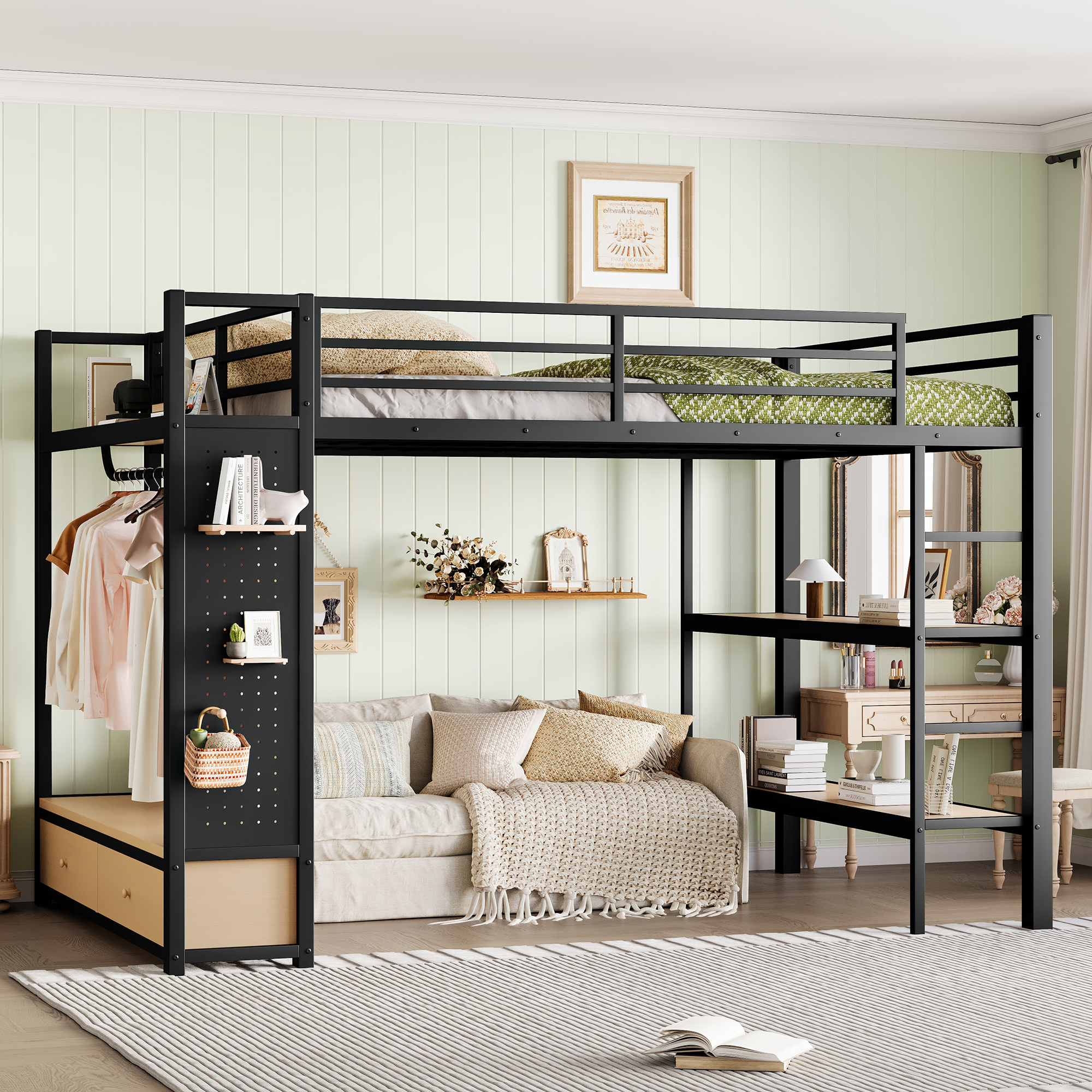 Queen size Loft Bed Frame with Wardrobe,Metal Loft Bed with Storage Shelves and Pegboard,Black