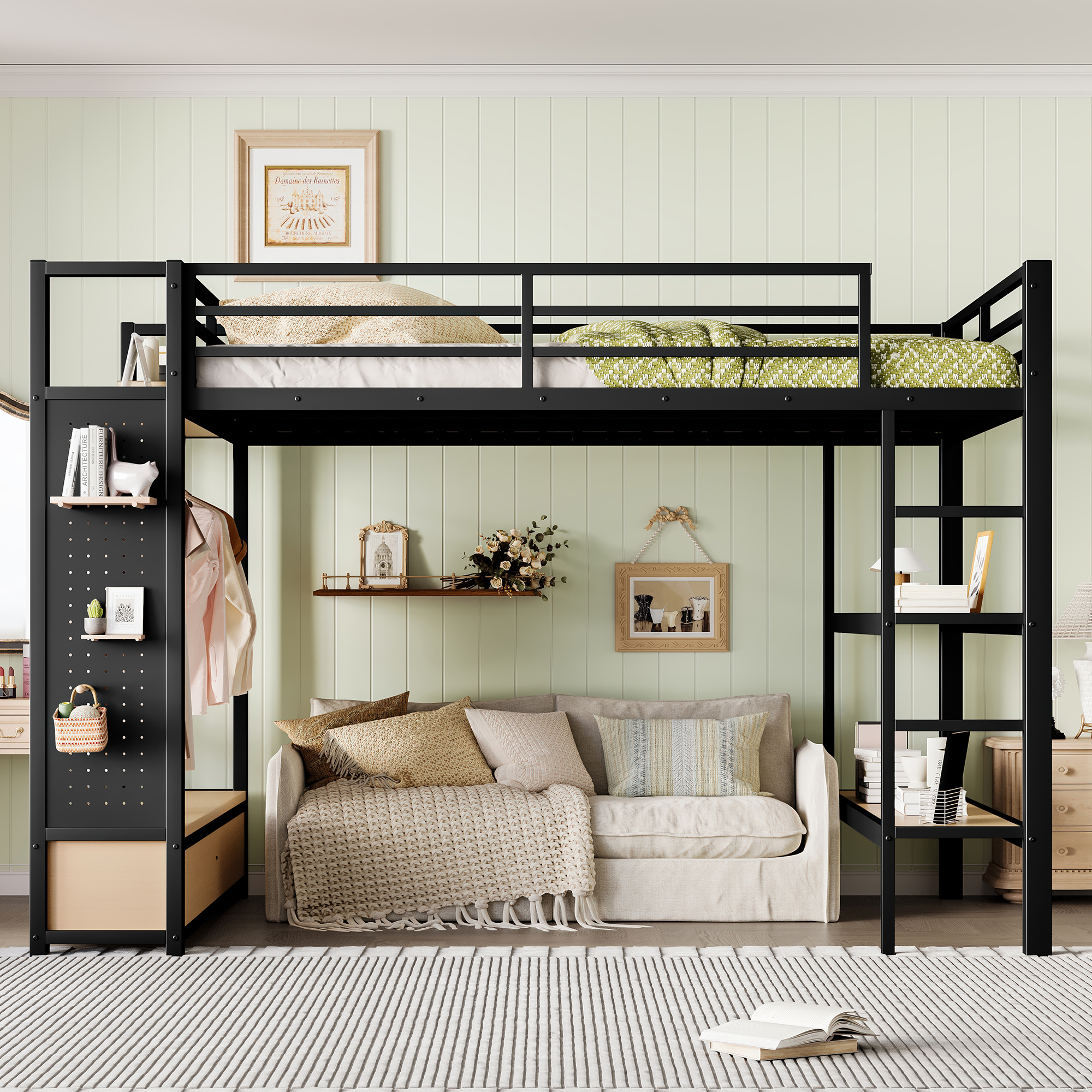 Queen size Loft Bed Frame with Wardrobe,Metal Loft Bed with Storage Shelves and Pegboard,Black - Image 2