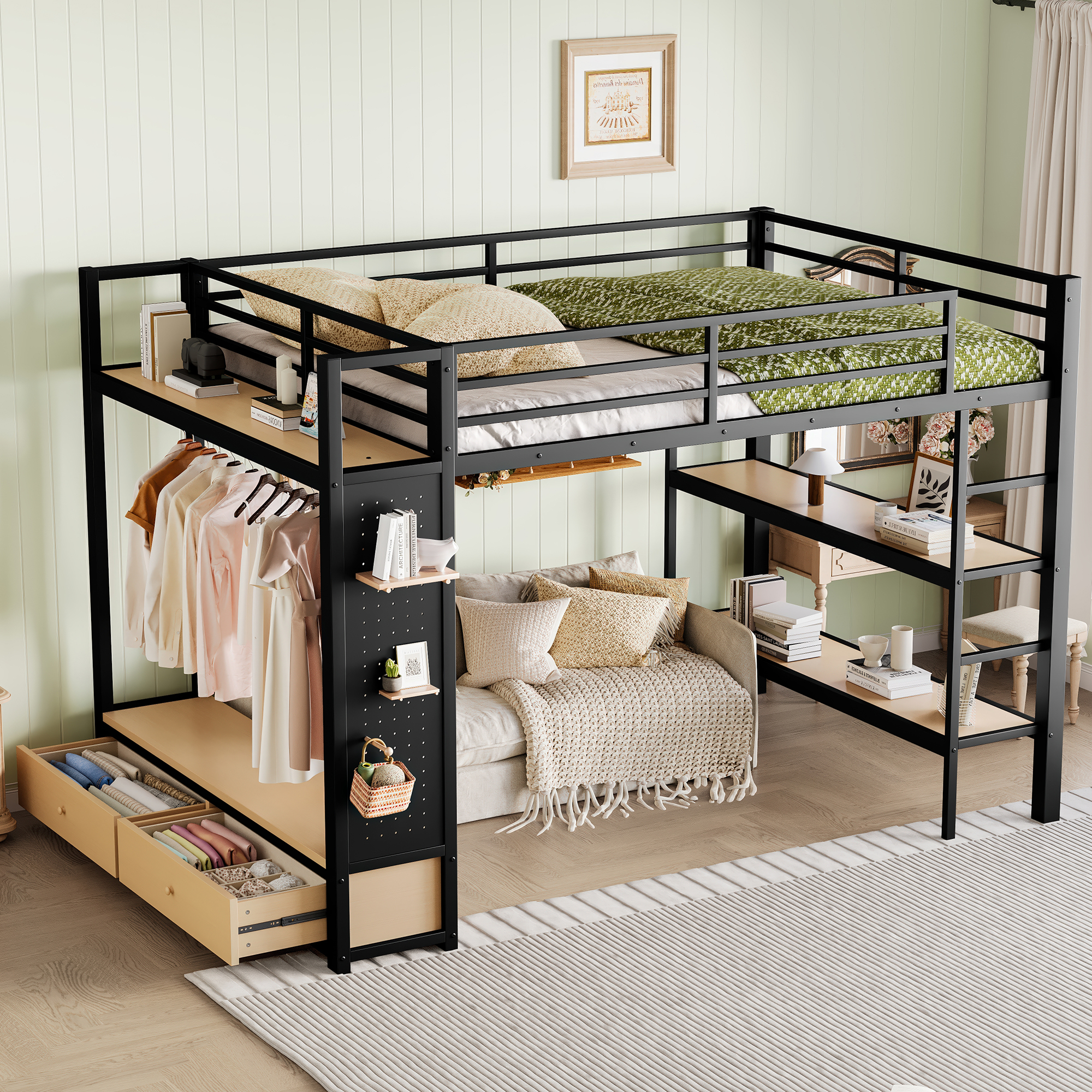 Queen size Loft Bed Frame with Wardrobe,Metal Loft Bed with Storage Shelves and Pegboard,Black - Image 3