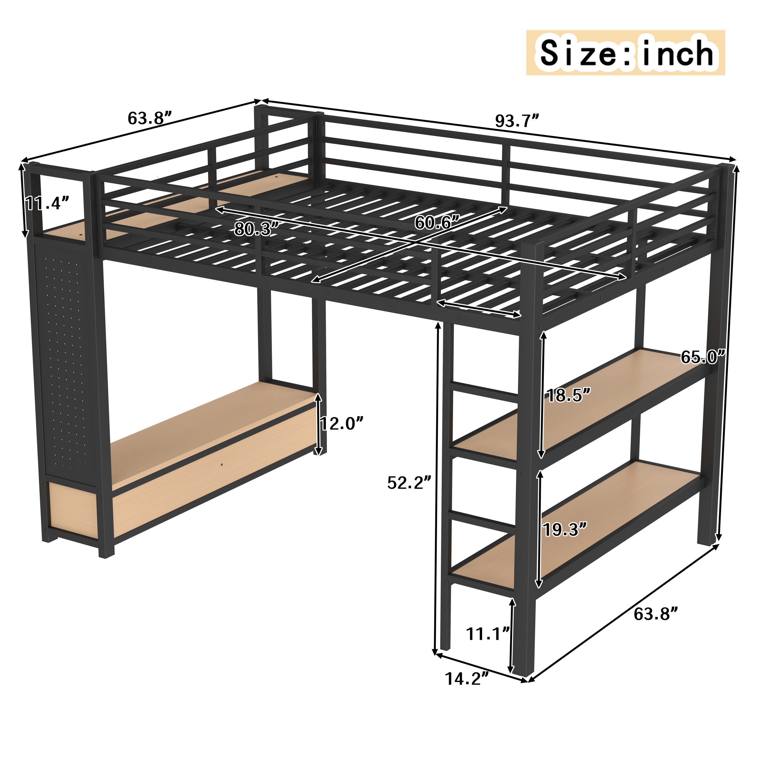 Queen size Loft Bed Frame with Wardrobe,Metal Loft Bed with Storage Shelves and Pegboard,Black - Image 4