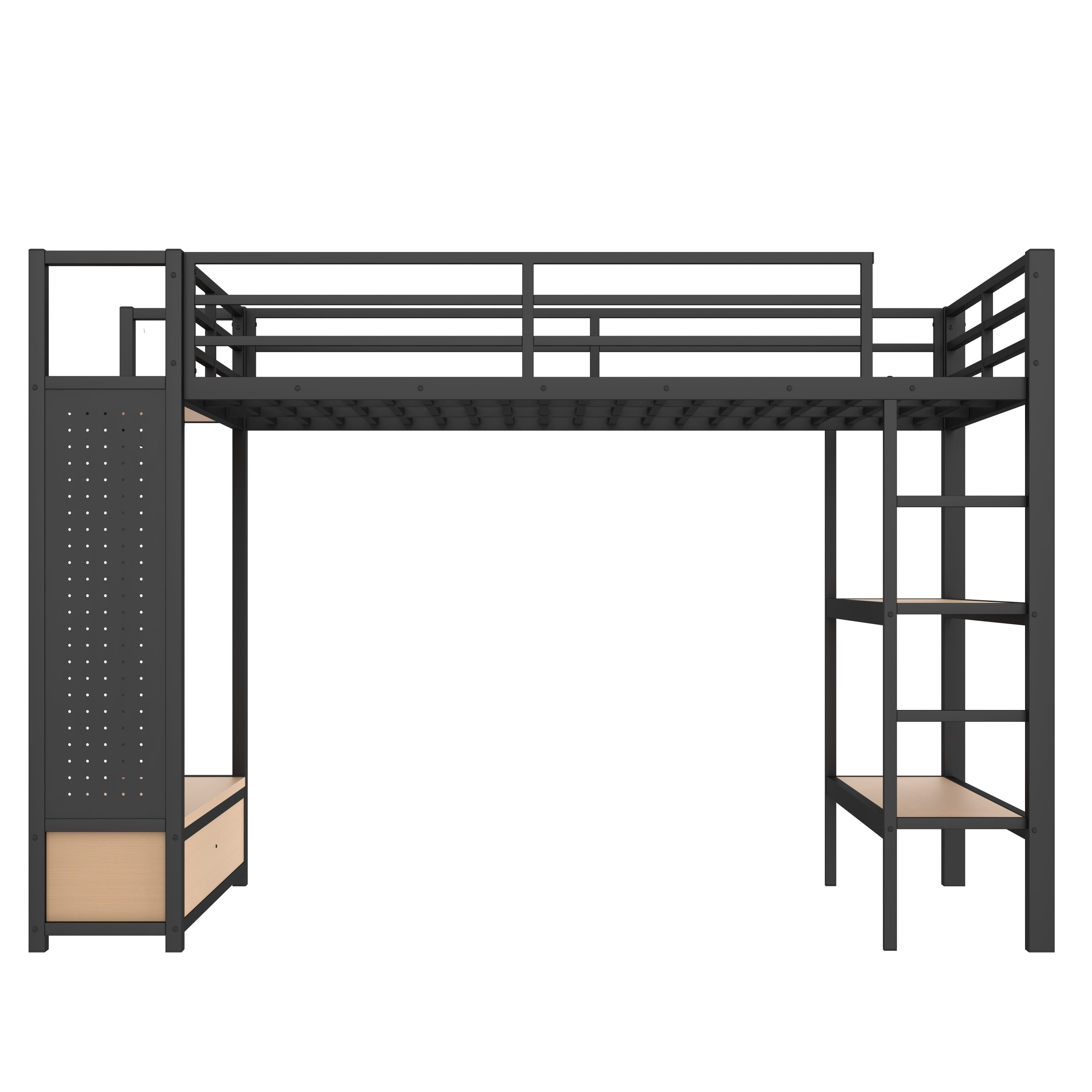 Queen size Loft Bed Frame with Wardrobe,Metal Loft Bed with Storage Shelves and Pegboard,Black - Image 5