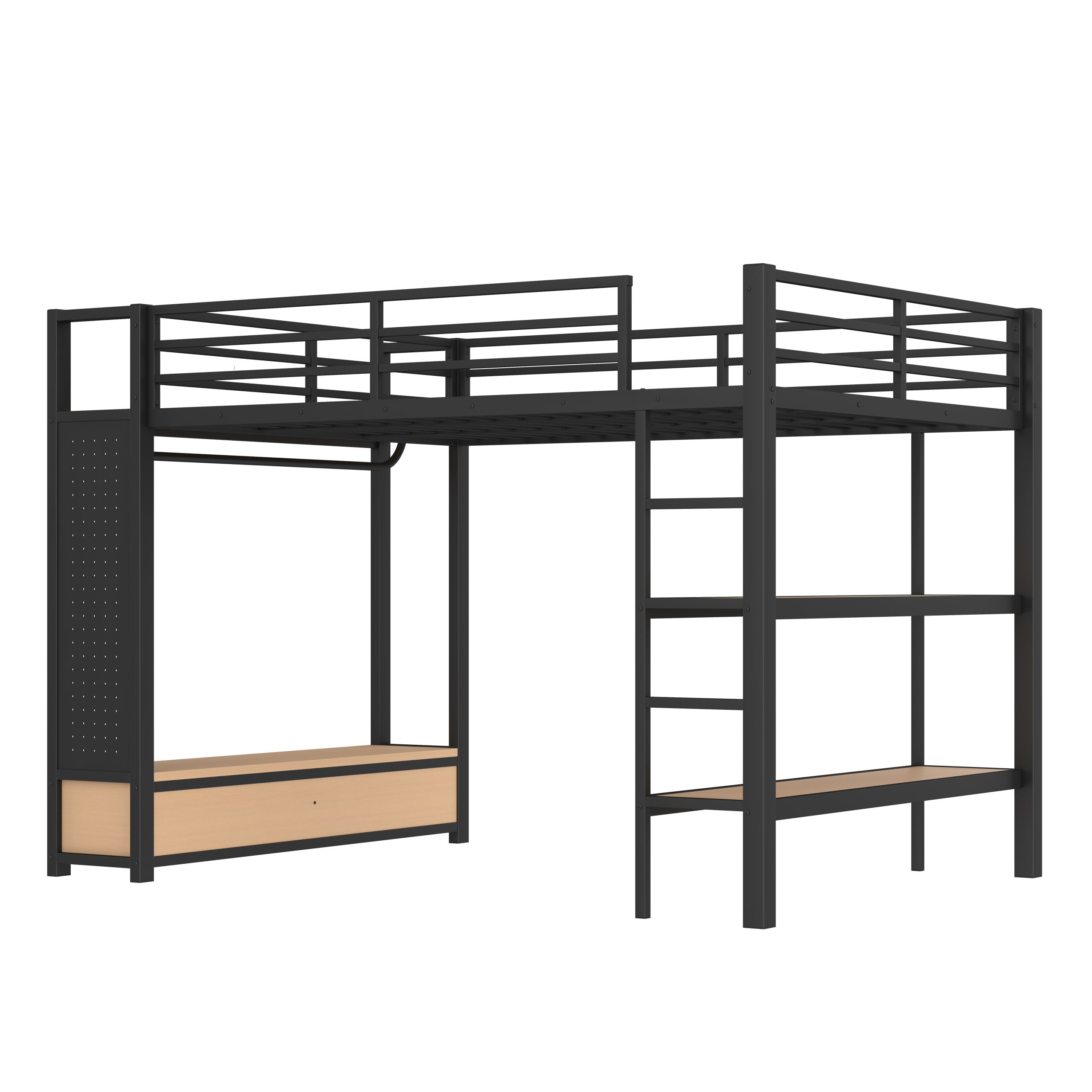 Queen size Loft Bed Frame with Wardrobe,Metal Loft Bed with Storage Shelves and Pegboard,Black - Image 6