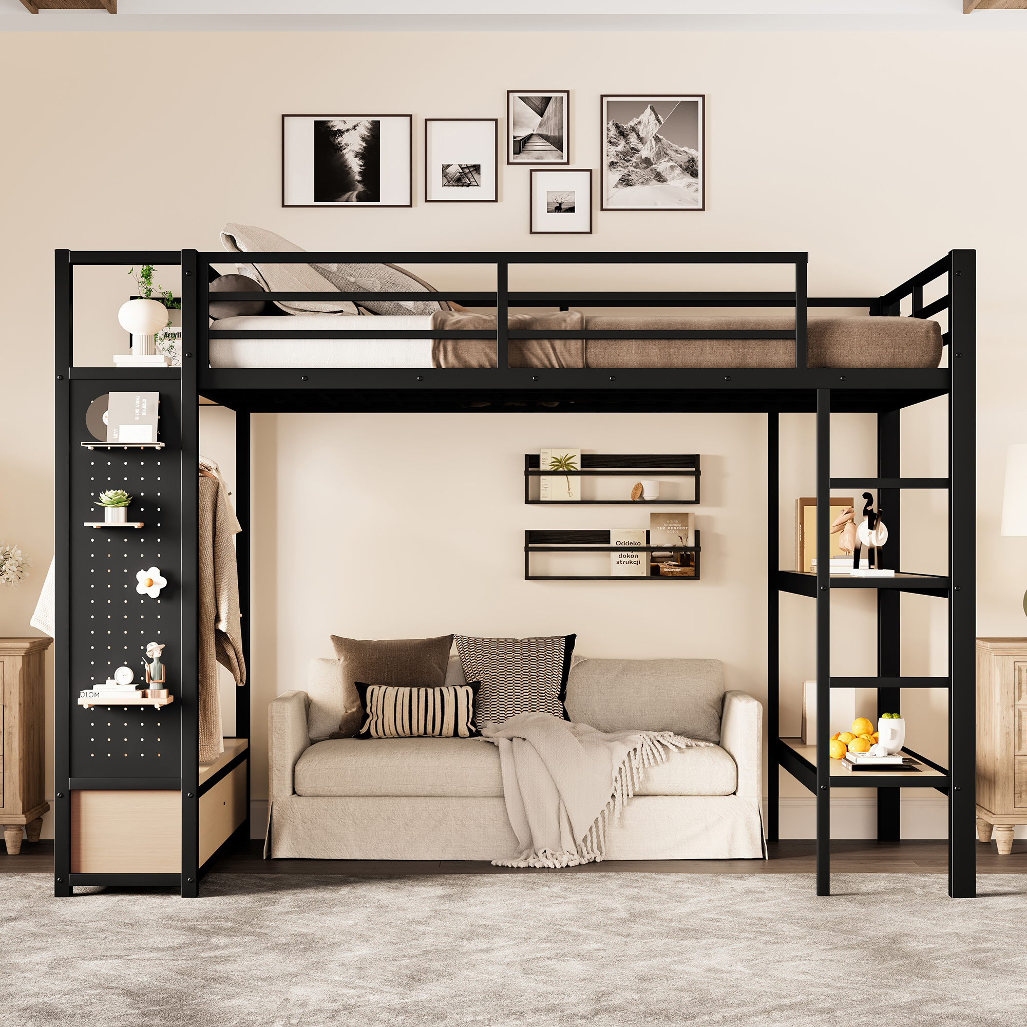 Full size Loft Bed Frame with Wardrobe,Metal Loft Bed with Storage Shelves and Pegboard,Black - Image 2
