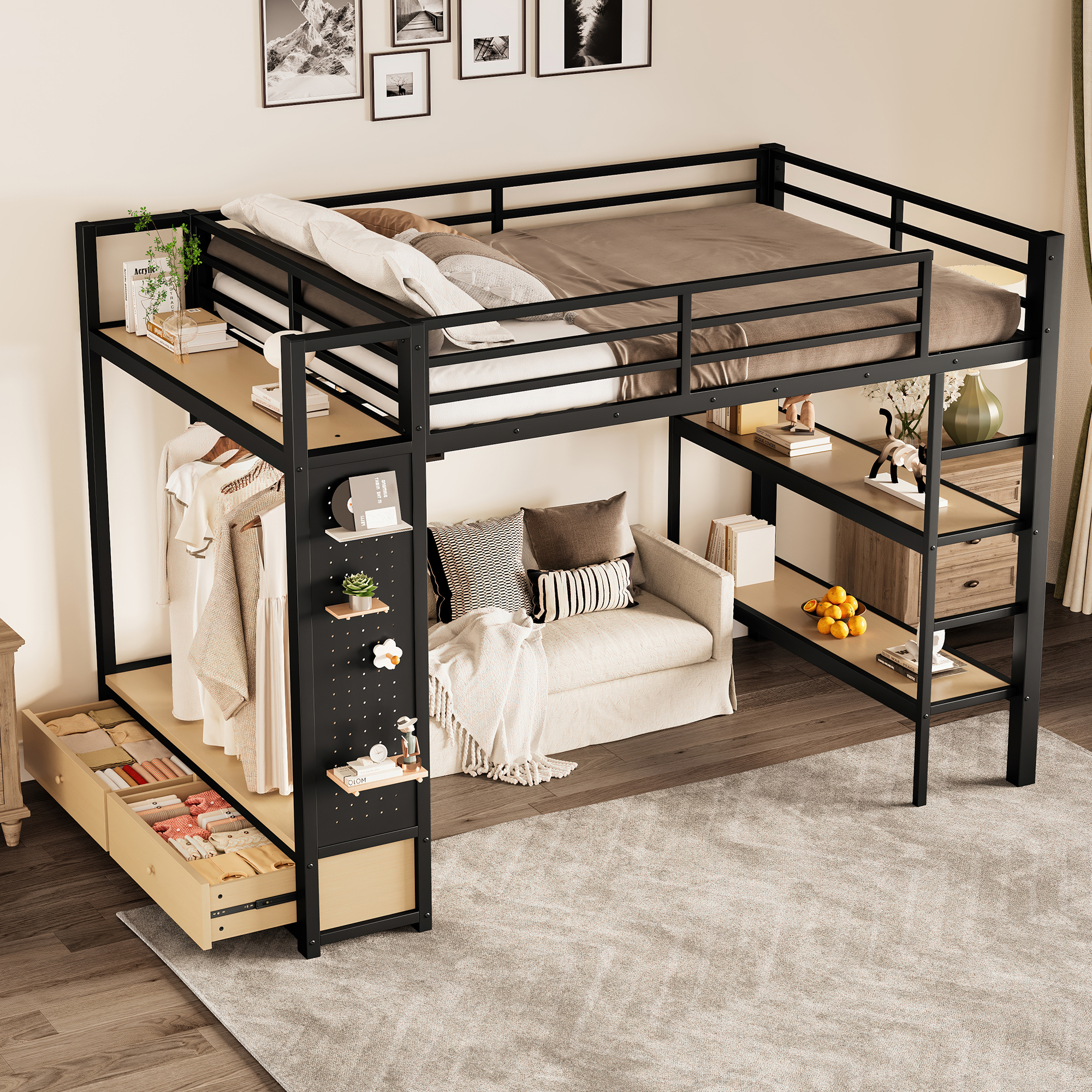 Full size Loft Bed Frame with Wardrobe,Metal Loft Bed with Storage Shelves and Pegboard,Black - Image 3