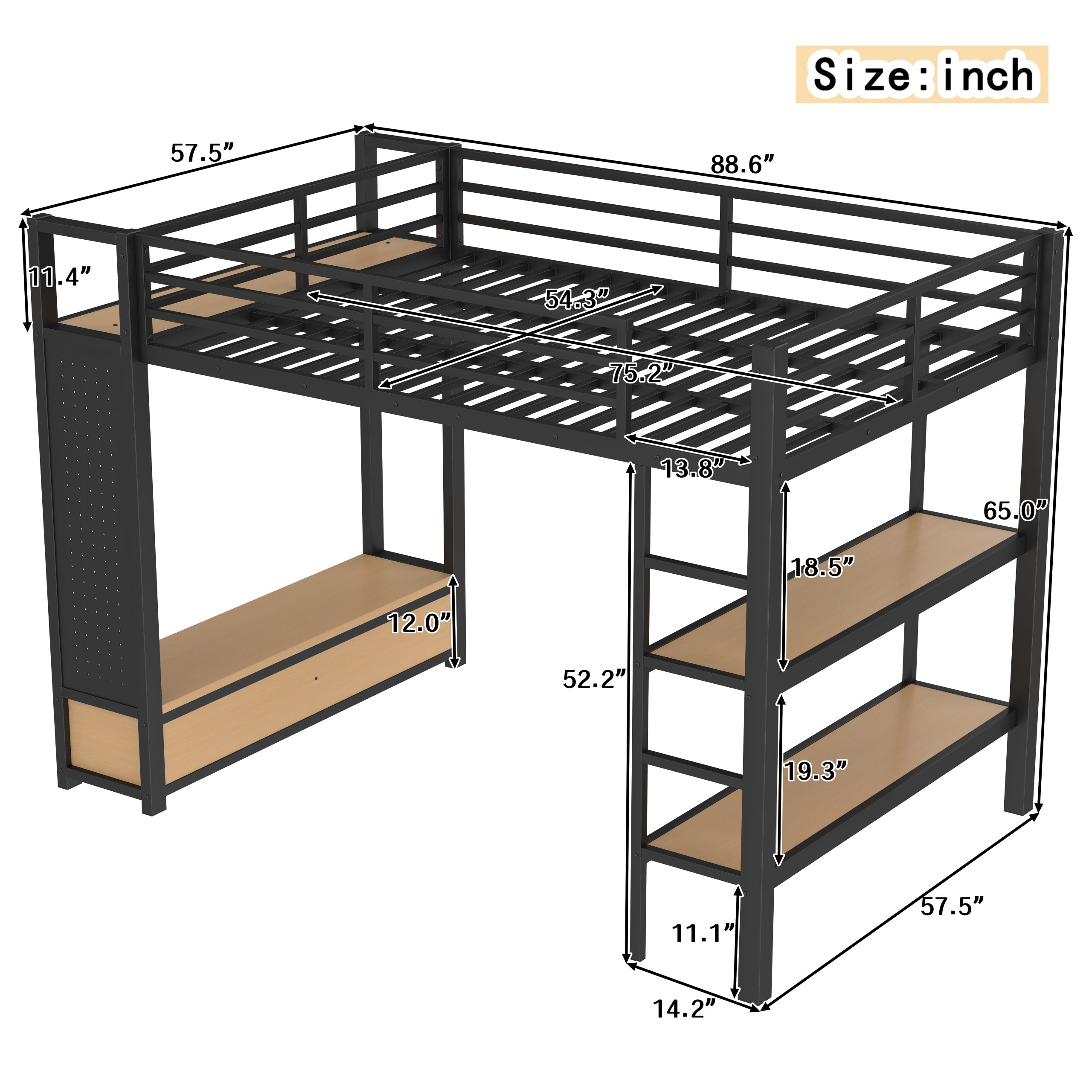 Full size Loft Bed Frame with Wardrobe,Metal Loft Bed with Storage Shelves and Pegboard,Black - Image 4