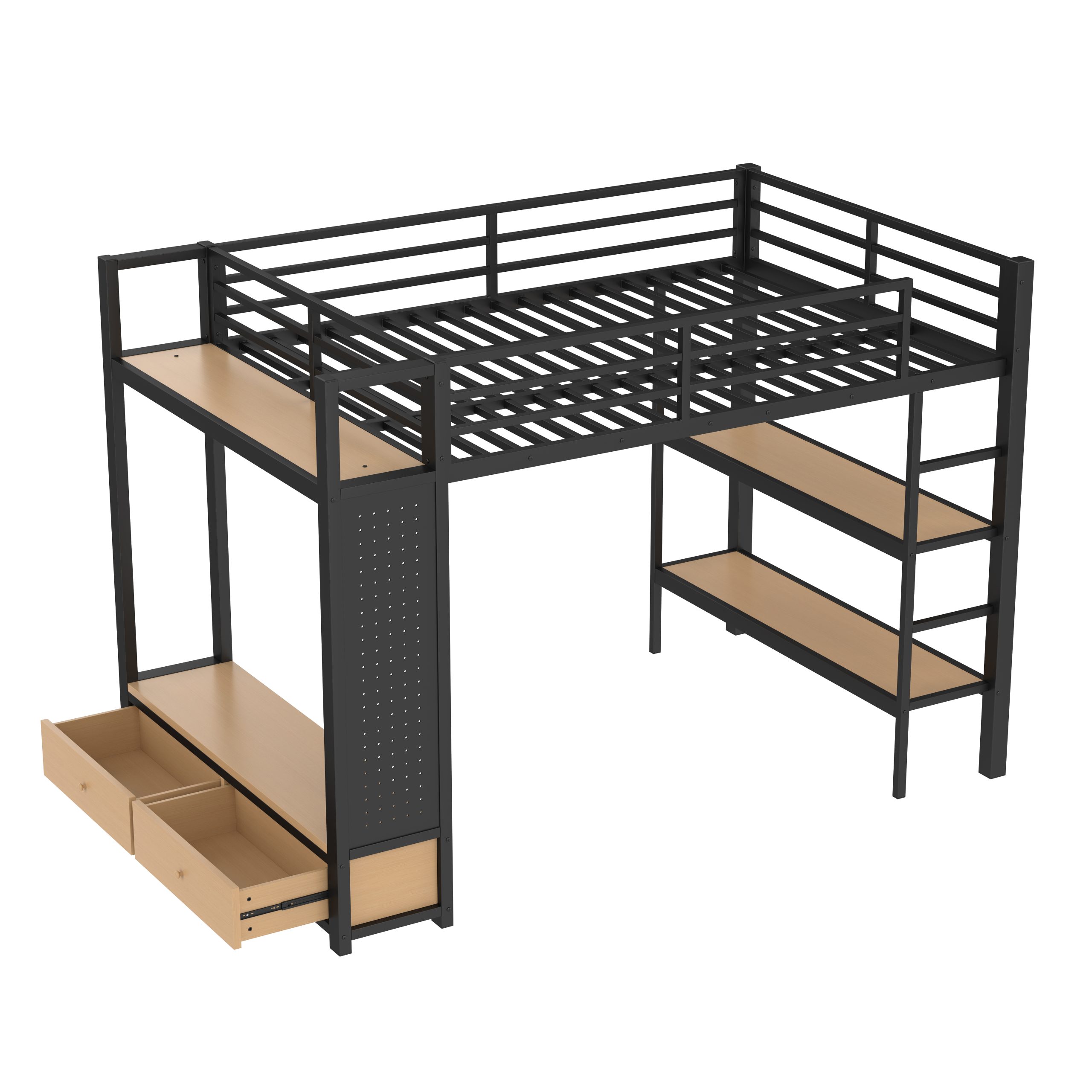 Full size Loft Bed Frame with Wardrobe,Metal Loft Bed with Storage Shelves and Pegboard,Black - Image 5