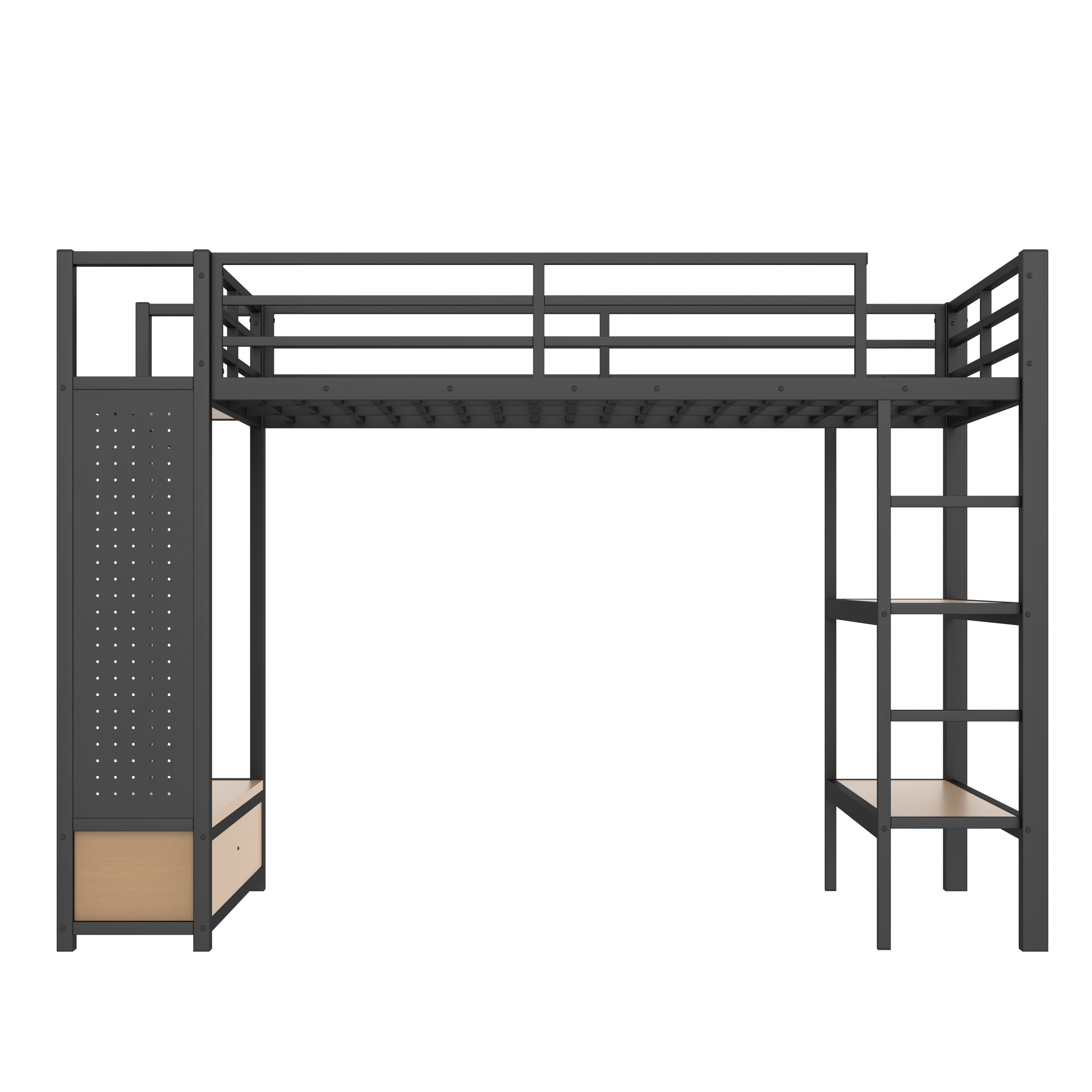 Full size Loft Bed Frame with Wardrobe,Metal Loft Bed with Storage Shelves and Pegboard,Black - Image 6