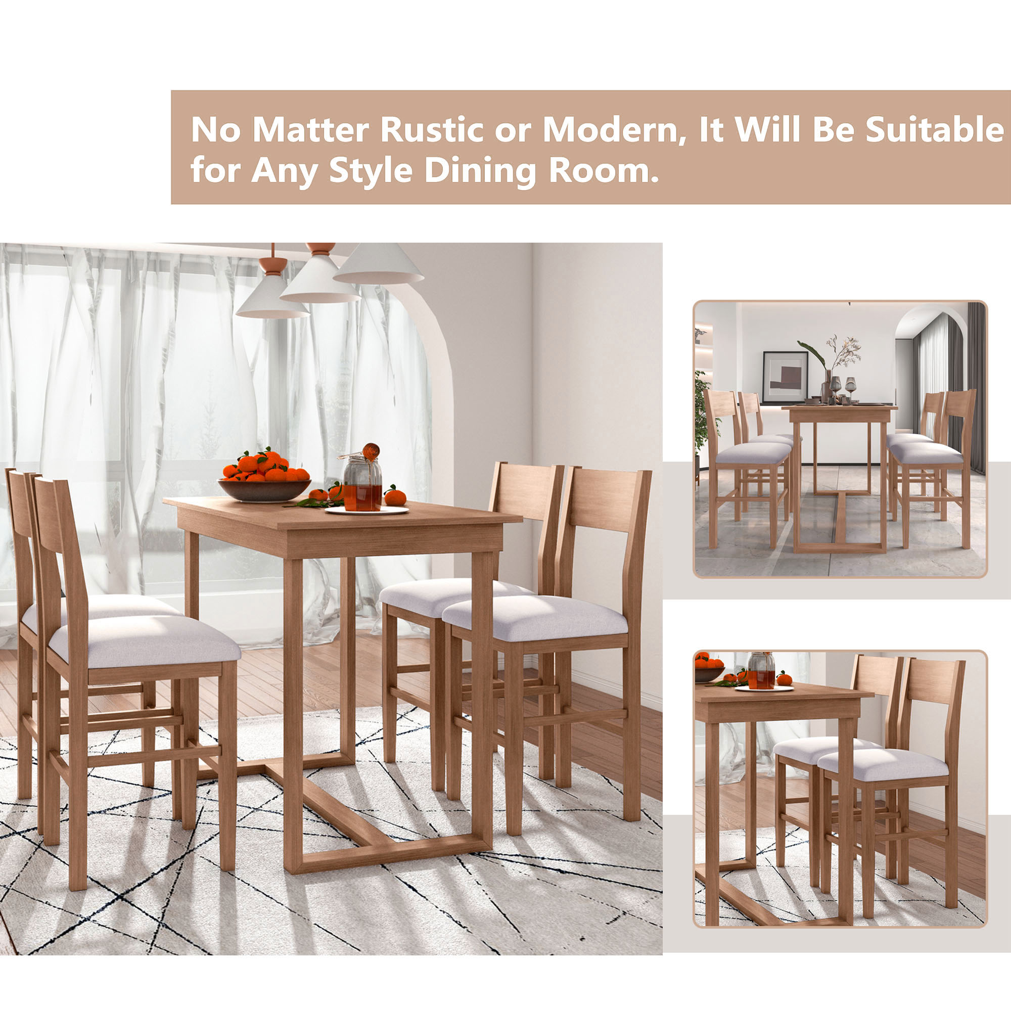 TOPMAX Farmhouse Counter Height 5-Piece Dining Table Set with 1 Rectangular Dining Table and 4 Dining Chairs for Small Places,Brown - Image 4