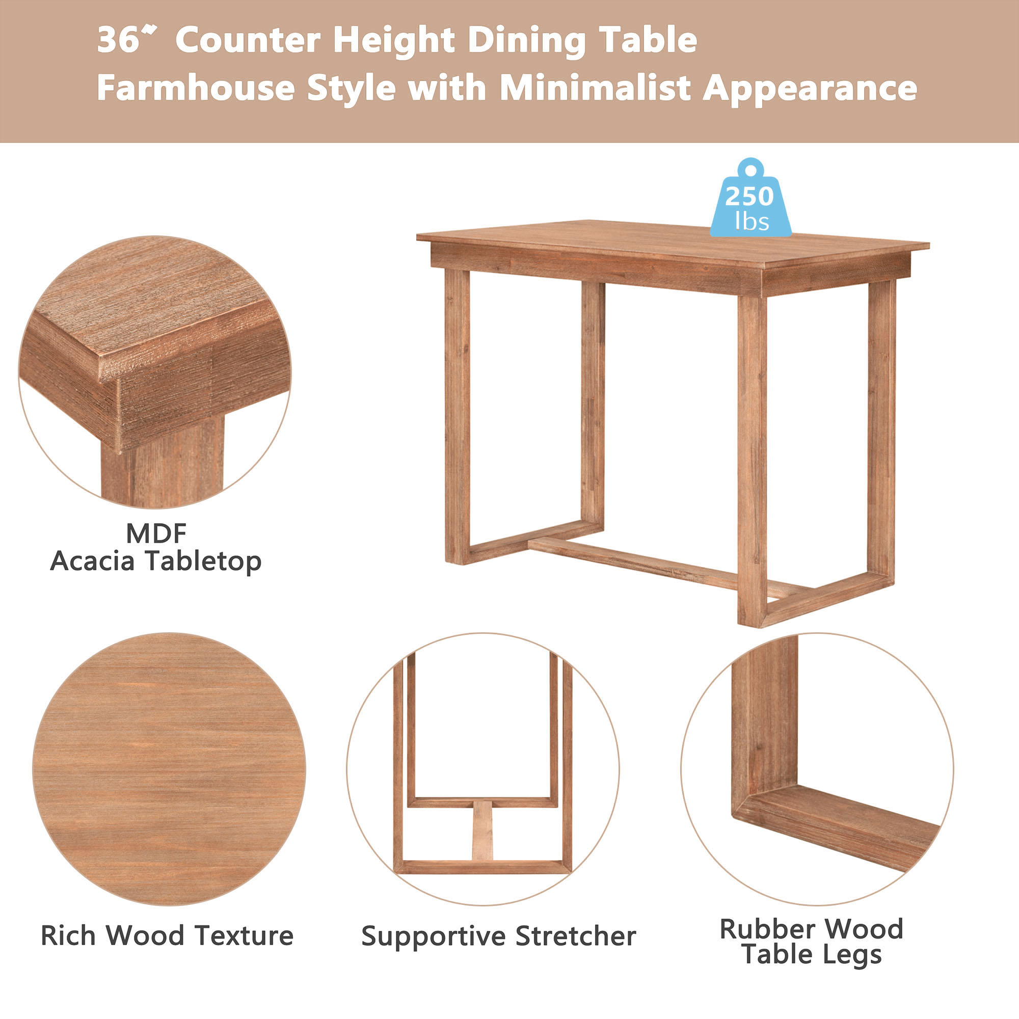 TOPMAX Farmhouse Counter Height 5-Piece Dining Table Set with 1 Rectangular Dining Table and 4 Dining Chairs for Small Places,Brown - Image 6