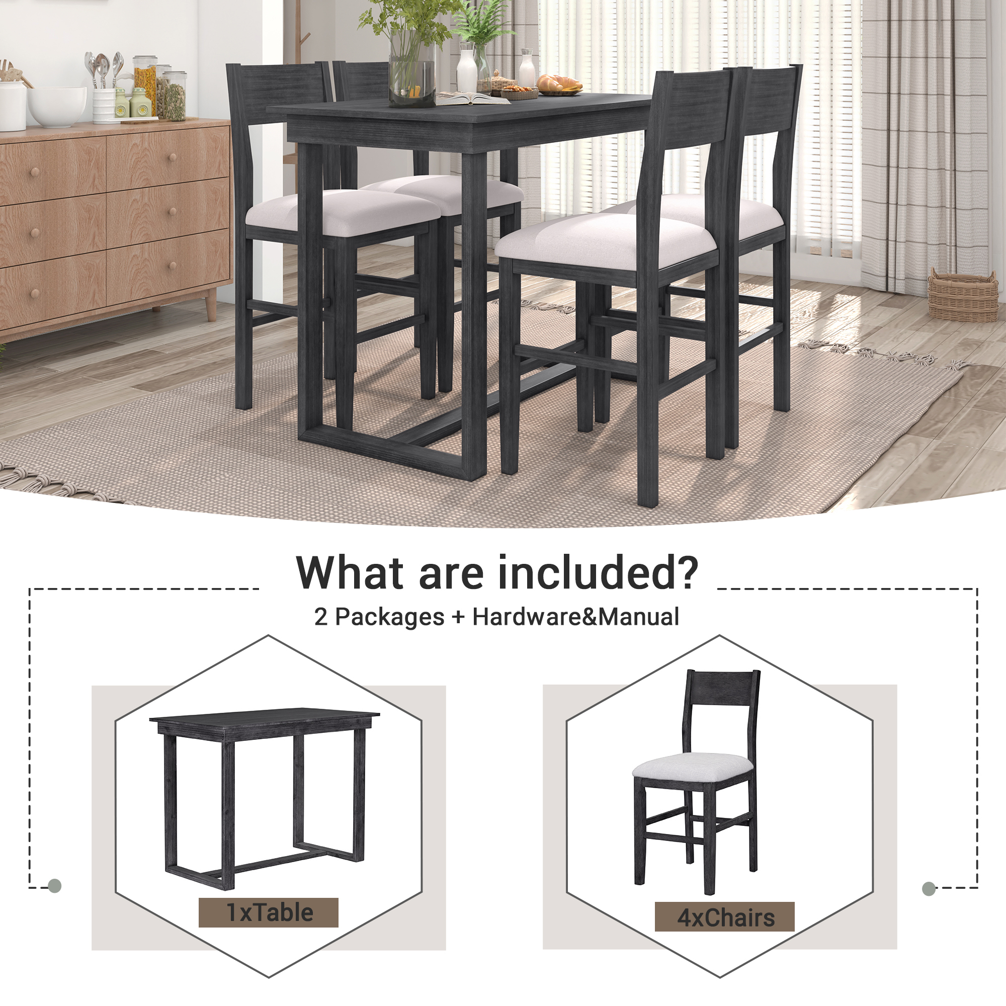 TOPMAX Farmhouse Counter Height 5-Piece Dining Table Set with 1 Rectangular Dining Table and 4 Dining Chairs for Small Places,Gray (old sku: SP000230AAE) - Image 5