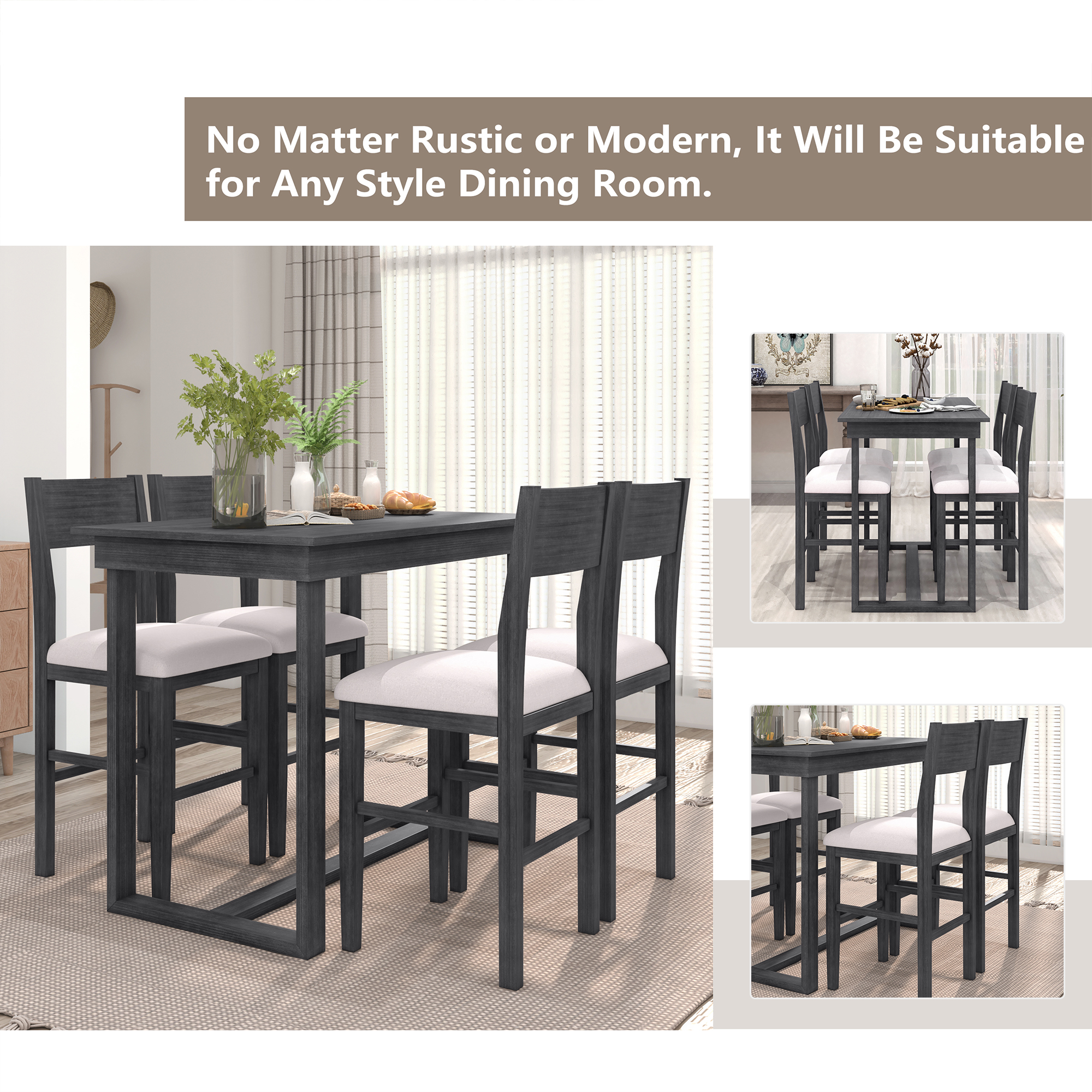 TOPMAX Farmhouse Counter Height 5-Piece Dining Table Set with 1 Rectangular Dining Table and 4 Dining Chairs for Small Places,Gray (old sku: SP000230AAE) - Image 4