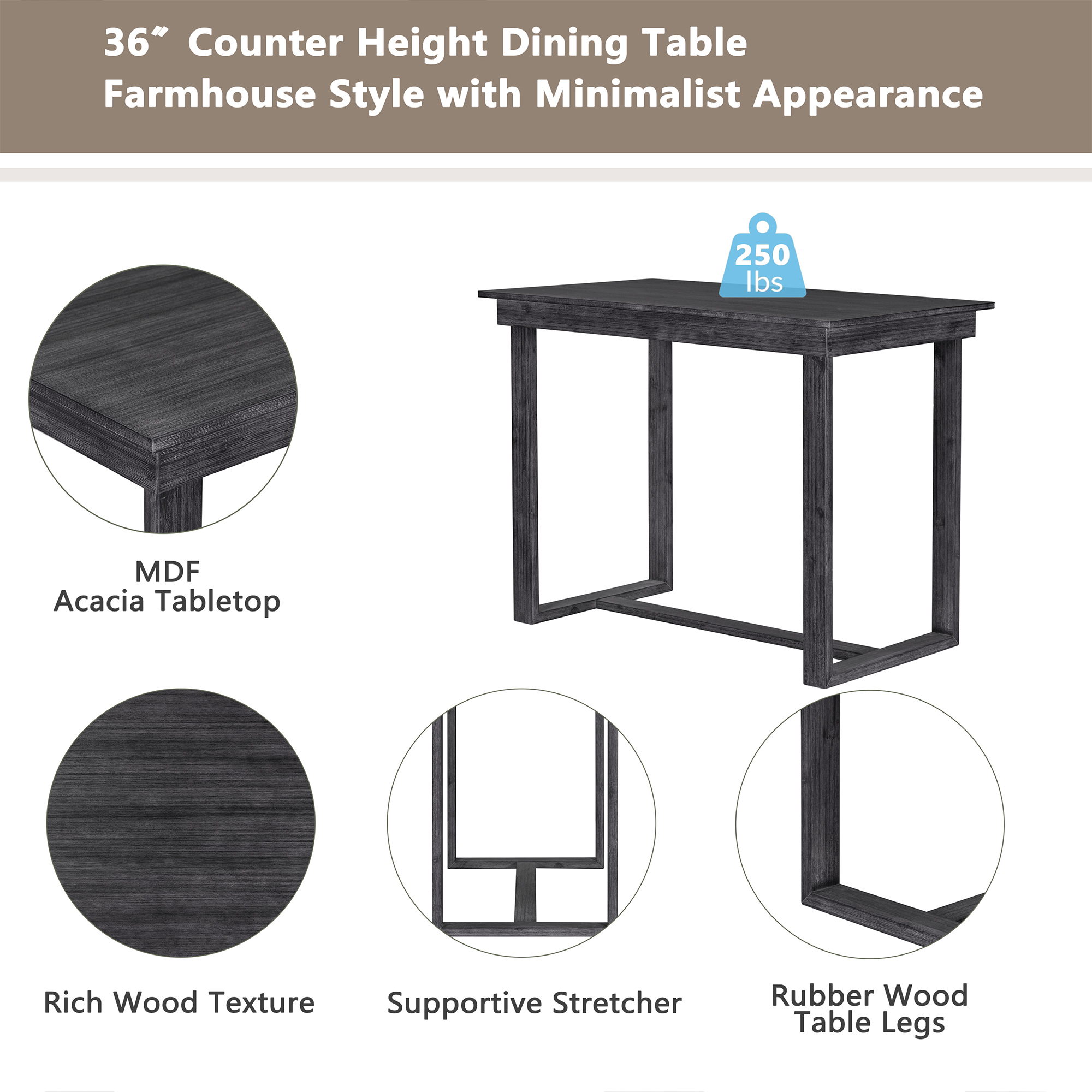 TOPMAX Farmhouse Counter Height 5-Piece Dining Table Set with 1 Rectangular Dining Table and 4 Dining Chairs for Small Places,Gray (old sku: SP000230AAE) - Image 6