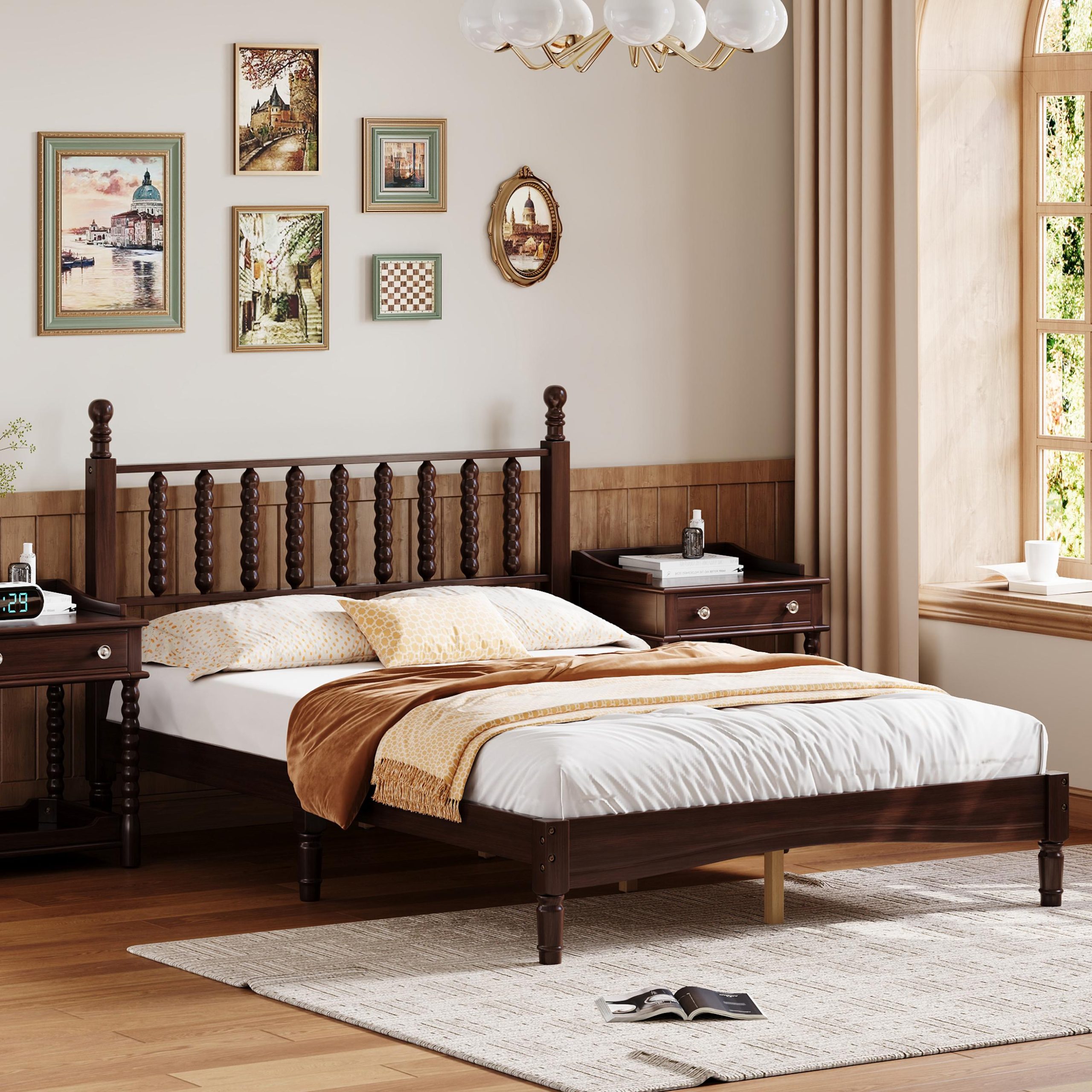 Full Size Wood Platform Bed with Gourd Shaped Headboard,Retro Style Platform Bed with Wooden Slat Support,Walnut - Image 2