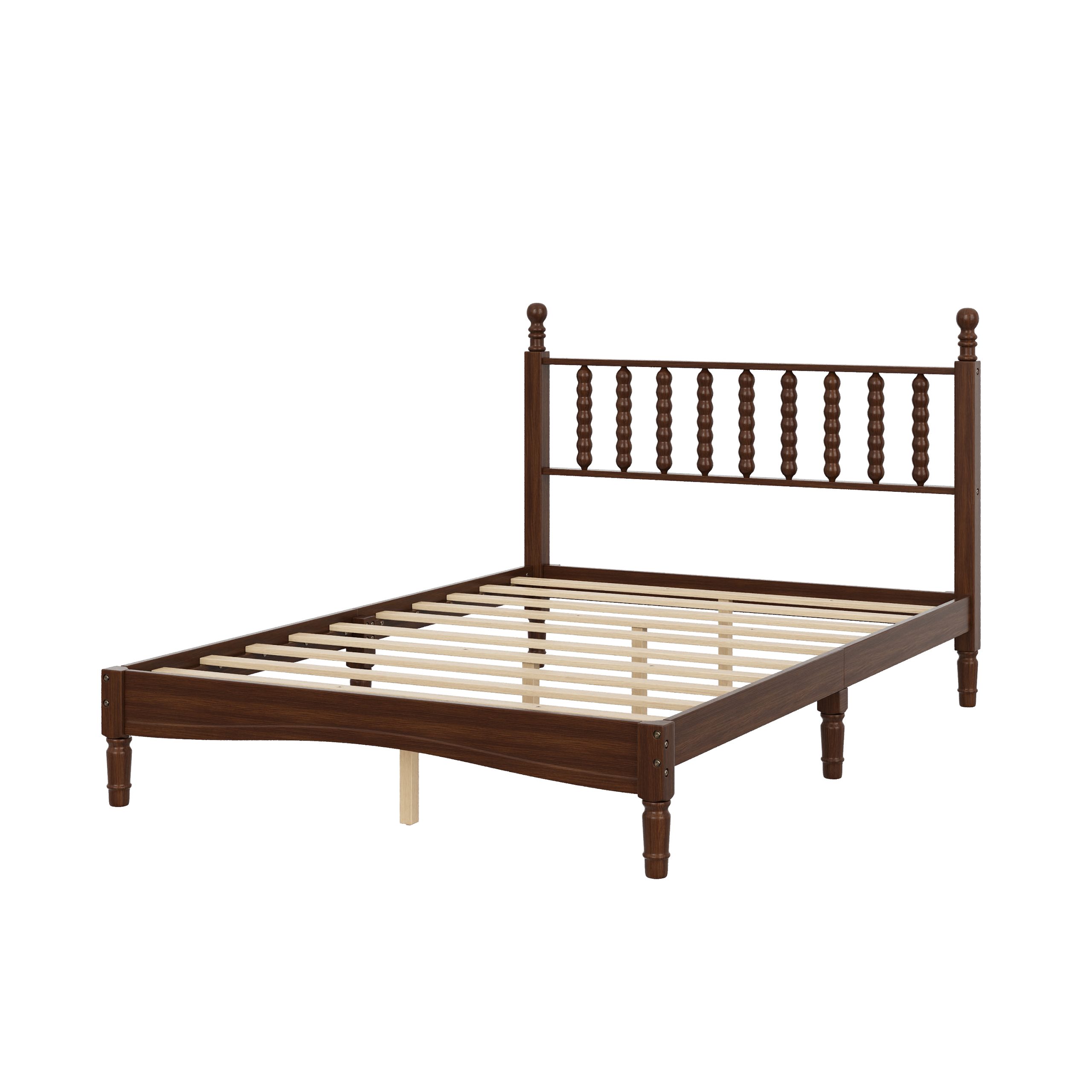 Full Size Wood Platform Bed with Gourd Shaped Headboard,Retro Style Platform Bed with Wooden Slat Support,Walnut - Image 4