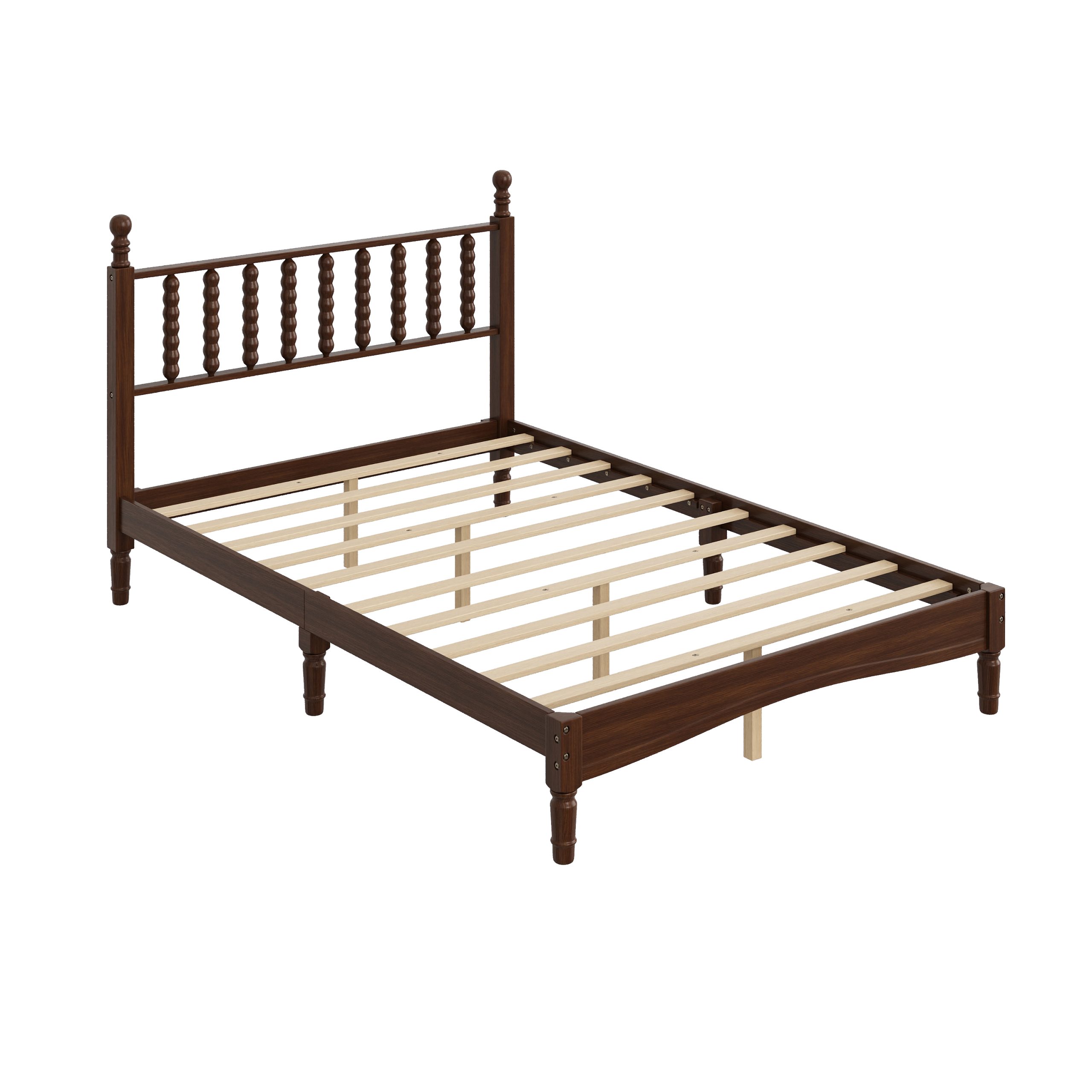 Full Size Wood Platform Bed with Gourd Shaped Headboard,Retro Style Platform Bed with Wooden Slat Support,Walnut - Image 5