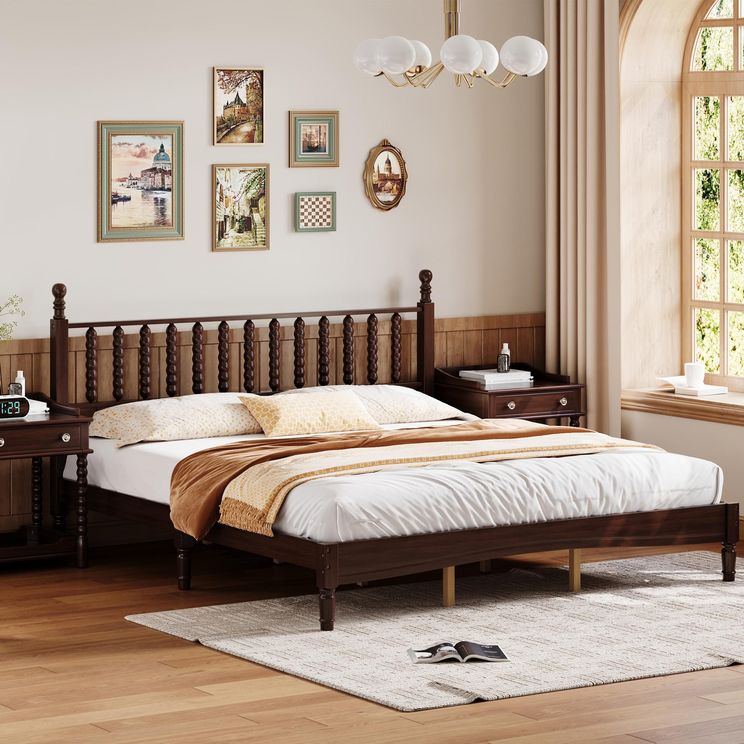 King Size Wood Platform Bed with Gourd Shaped Headboard,Retro Style Platform Bed with Wooden Slat Support,Walnut - Image 2