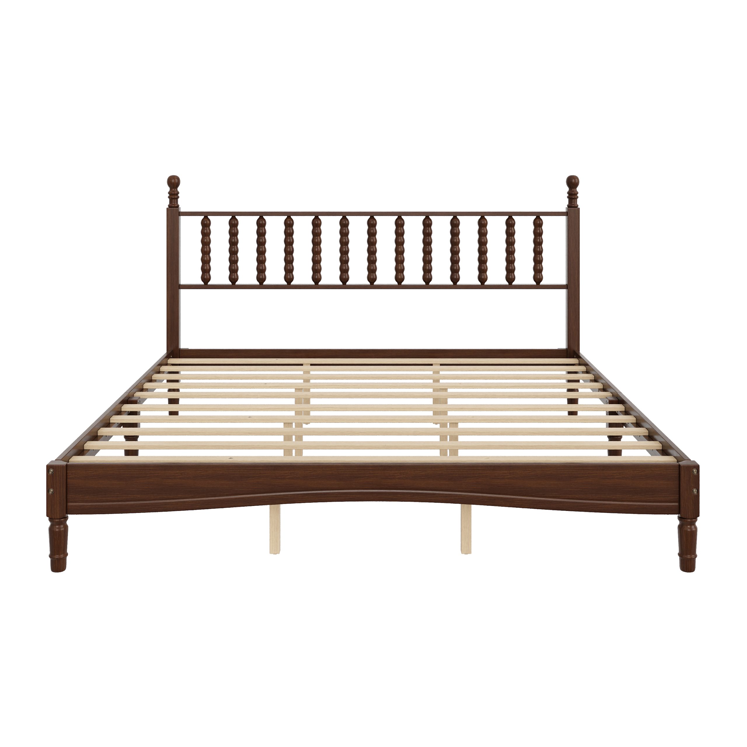 King Size Wood Platform Bed with Gourd Shaped Headboard,Retro Style Platform Bed with Wooden Slat Support,Walnut - Image 3