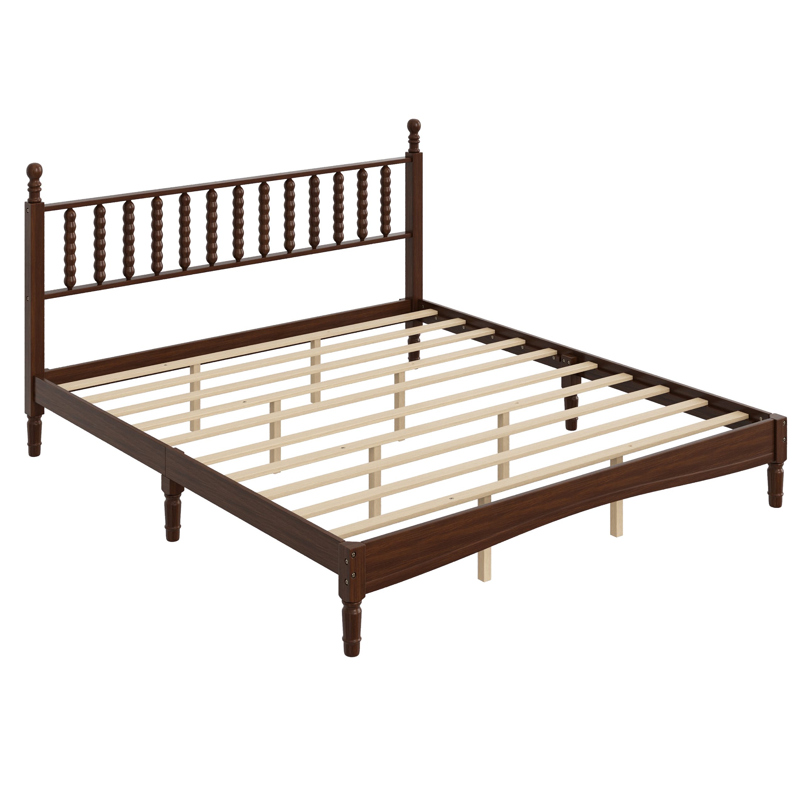 King Size Wood Platform Bed with Gourd Shaped Headboard,Retro Style Platform Bed with Wooden Slat Support,Walnut - Image 4
